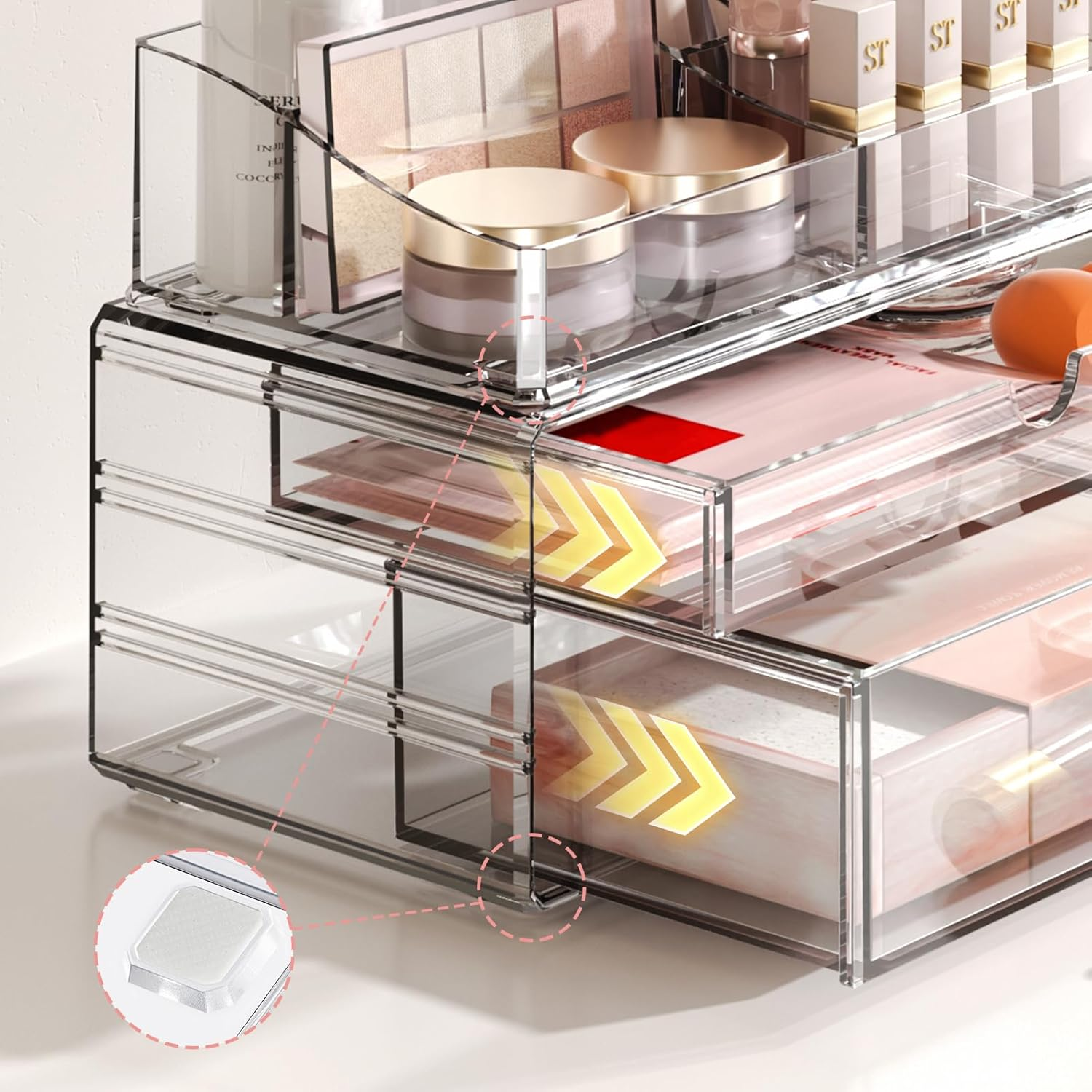 Delamu 3-Tier Clear Makeup Organizer with Drawer, Acrylic Cosmetic Display Case for Makeup Vanity Bathroom Counter Organizers and Storage, Stackable Vanity Organizer for Brushes Lipsticks Skincare image number 2