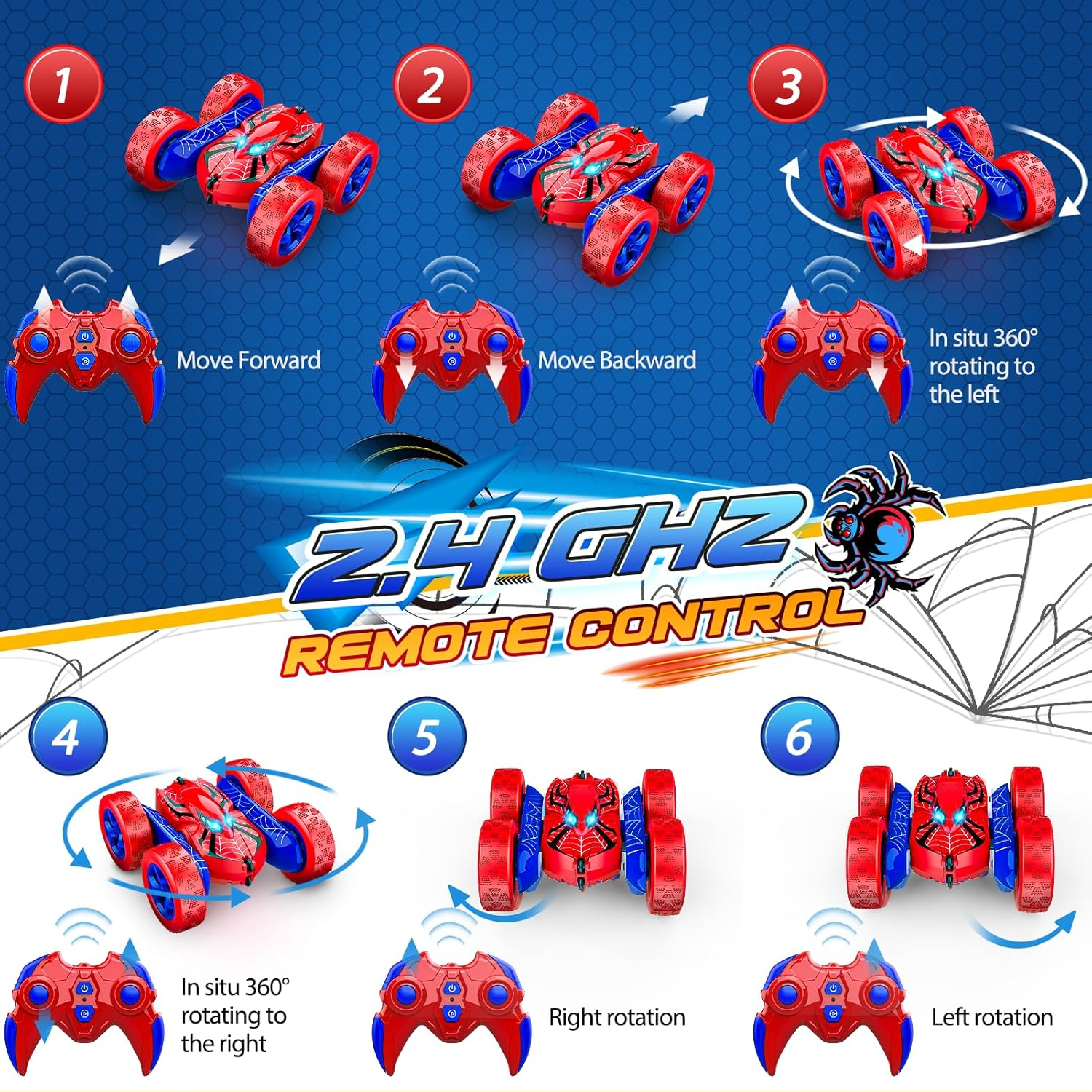 Spider Remote Control Cars for Kids, Vingtank RC Car Kids Toys for 3 4 5 6 7 8 Year Old Boys Outdoor Toy Boys Toys 8-10 4WD 2.4GHZ Electric Stunt Car Christmas 3-9 Year Old Boy Gift Ideas image number 3