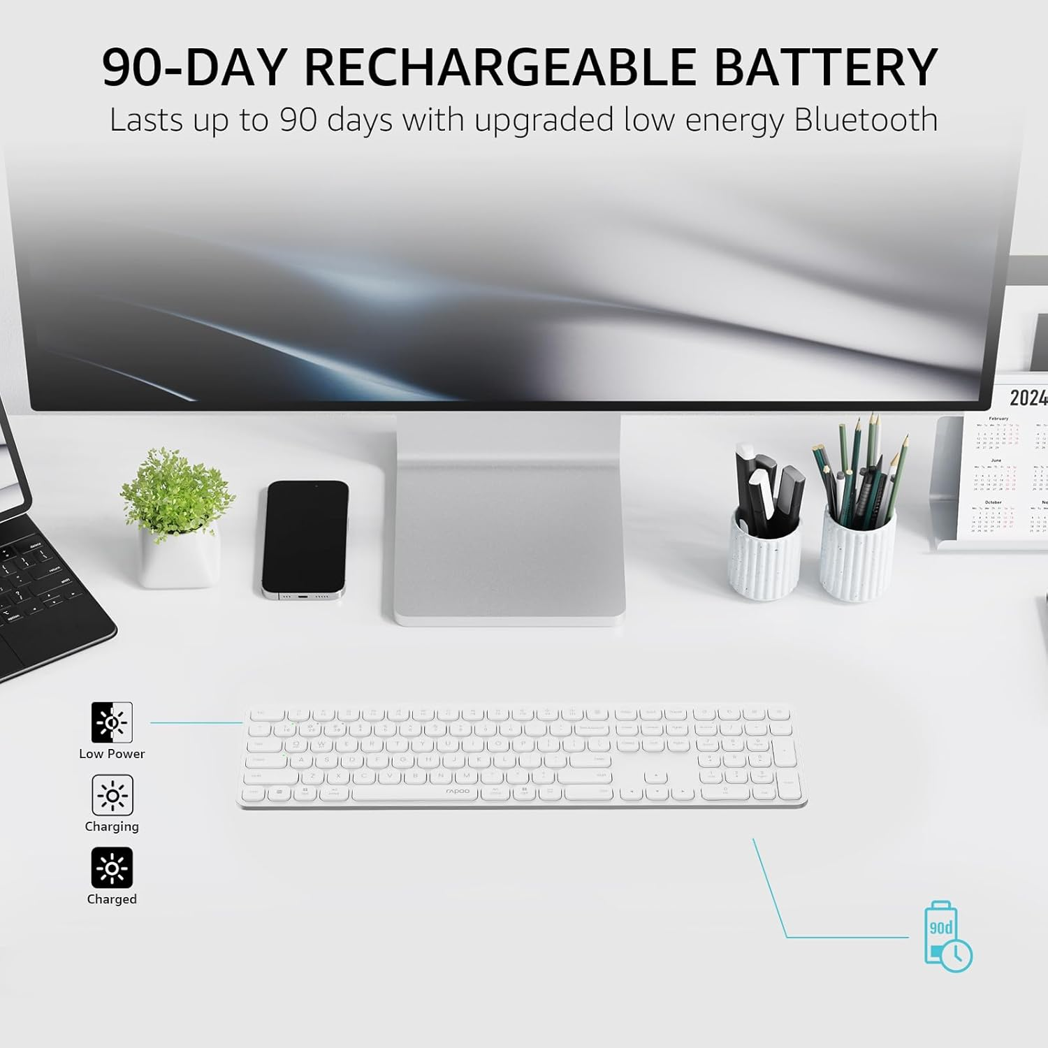 Rapoo E9550L Multi-Device Wireless Keyboard, Blade-Series E9550L 110-Key Ultra-Thin Keyboard, Support 4 Devices, Low-Profile, Quiet, USB-C, Rechargeable, Al-Alloy Frame, for Windows/Mac/Linux/Chrome image number 7