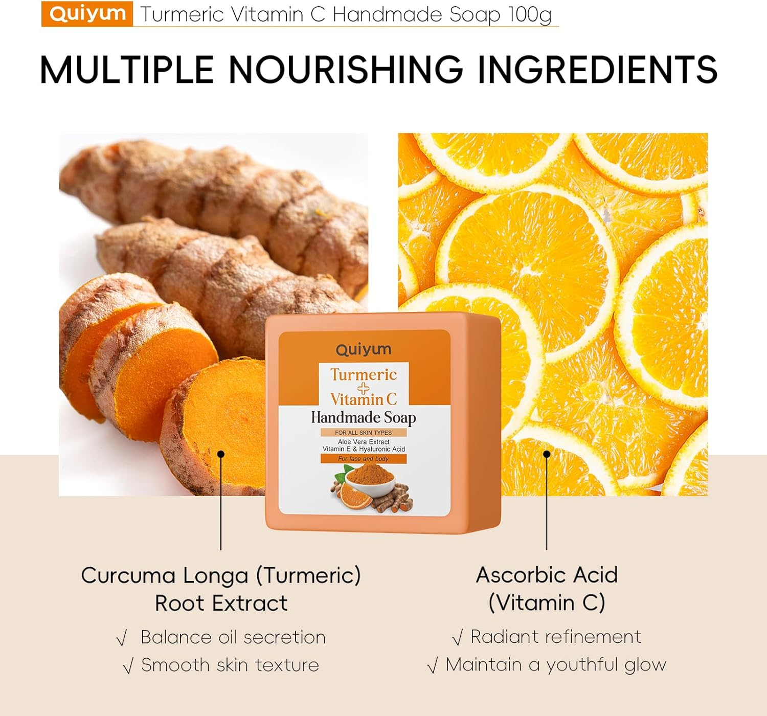 Quiyum Turmeric & Vitamin C Soap Bar (3X120G), Face & Body Cleanser with Aloe Vera, Vitamin E, Collagen & Hyaluronic Acid for Even Skin Tone, Dark Spot, Acne & Smooth Skin, with a Foaming Net image number 4