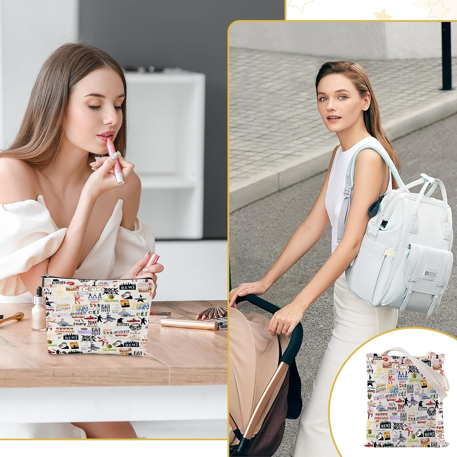 Onperpoe Theatre Tote Bag and Makeup Bag, Broadway Musical Theatre Gifts, Reusable Musical Bags Musicals Theater Lover Gifts image number 1