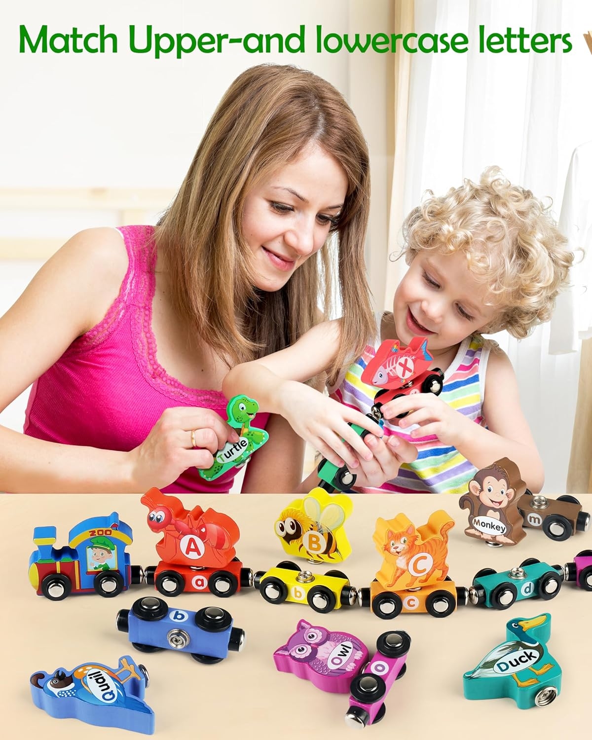 Vanmor Wooden Train Set, Snap-Connection Animal Trains, STEM Take Apart Animal Play Set, Toddler Matching and Magnetic Alphabet Train Learning Toys for Kids Ages 3-5 image number 3