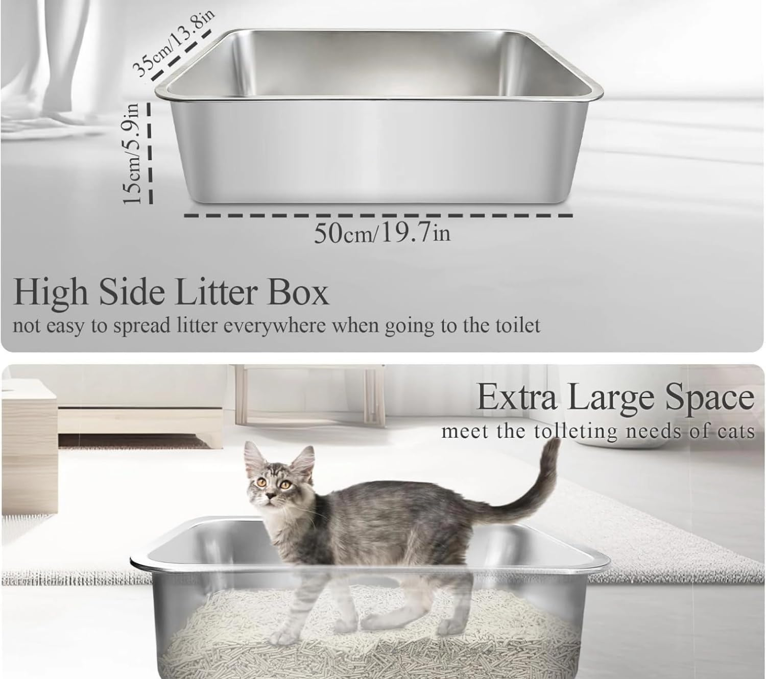Stainless Steel Cat Litter Box, 50L X 35W X 15H CM for Kitty Large or Small Cat, Animals Potty Toilet, Non-Sticky, Easy to Clean, Anti-Urine Leakage image number 2