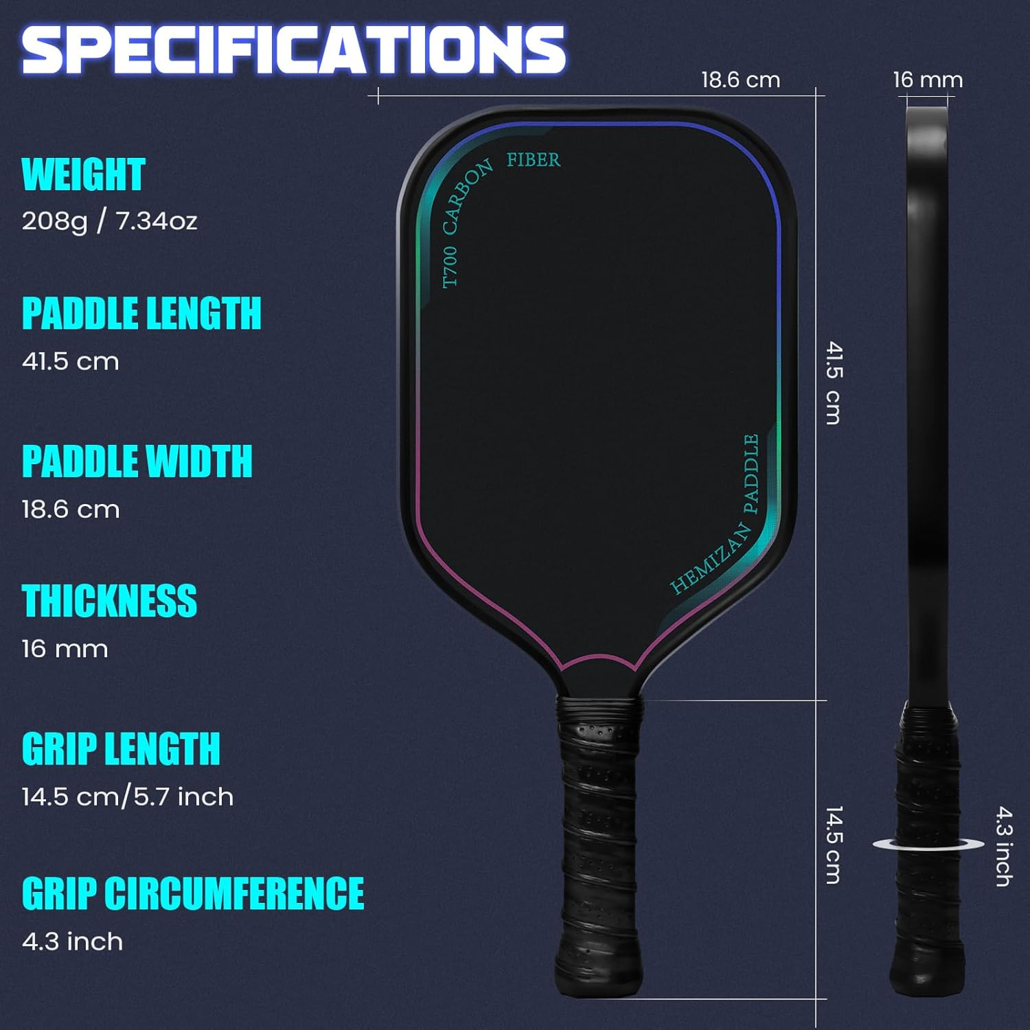 T700 Carbon Fiber Pickleball Paddle - Matte Carbon Pickle Ball Paddles Set of 16Mm Elongated Racket, Eraser Cleaner and Carry Bag by HEMIZAN