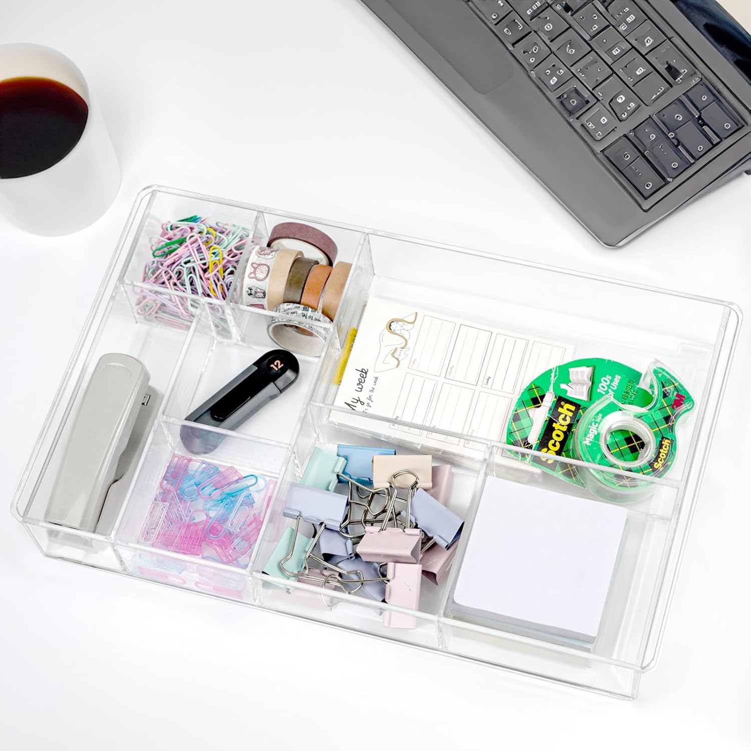 ZEXALOR 8-Section Clear Drawer Organizer, Large Acrylic Drawer Divider Tray for Desk,Bathroom,Office Makeup,Junk, Plastic Drawers Organizer 13.7" X 8.7" X 2" (8-Section) image number 5