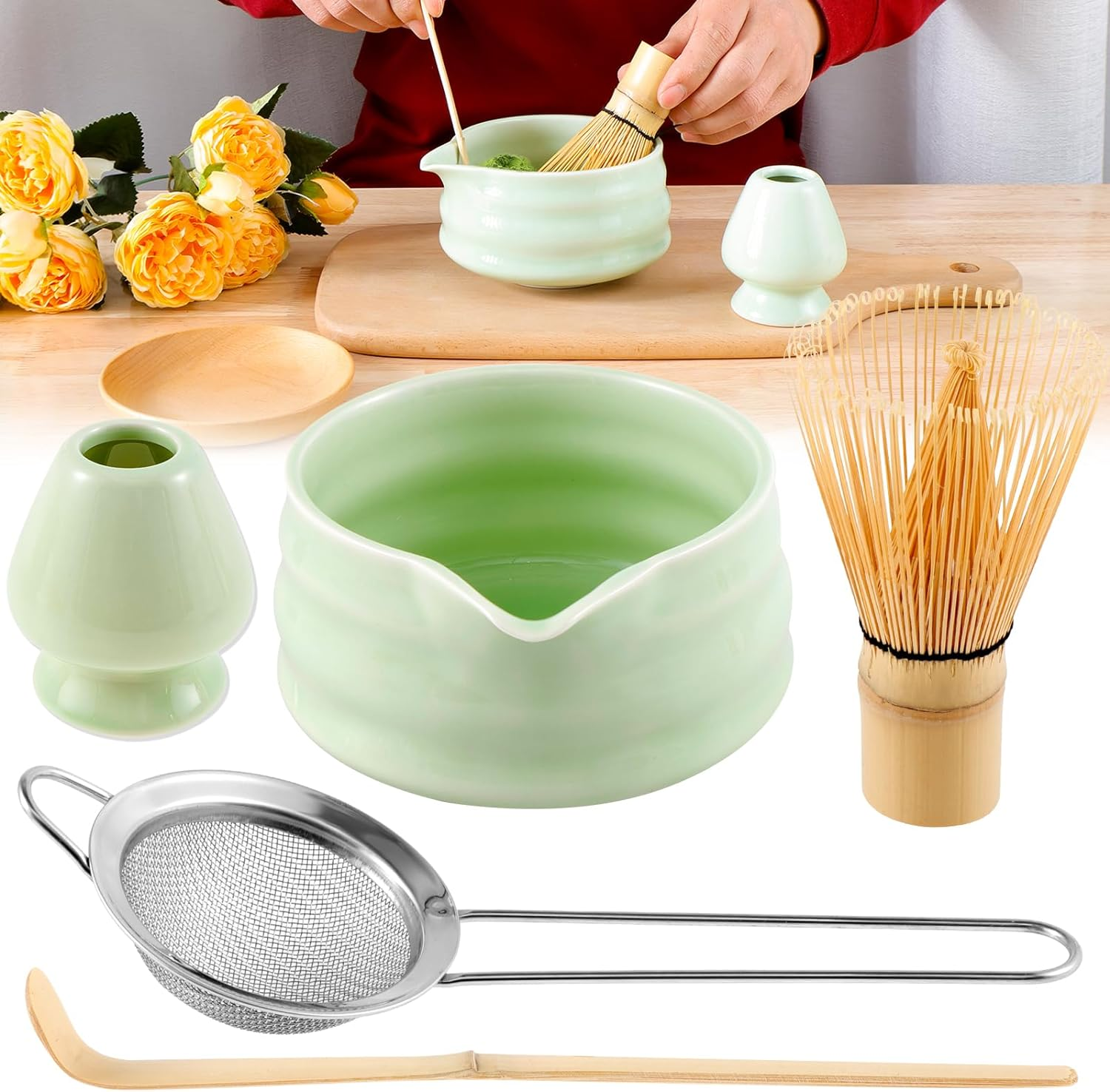 5 Pieces Matcha Tea Set, Matcha Whisk Set Cute Whisk and Bowl with Spout, Matcha Whisk Holder, Matcha Spoon, Stainless Sifter, Perfect Matcha Kit for Matcha Lover (Pink)