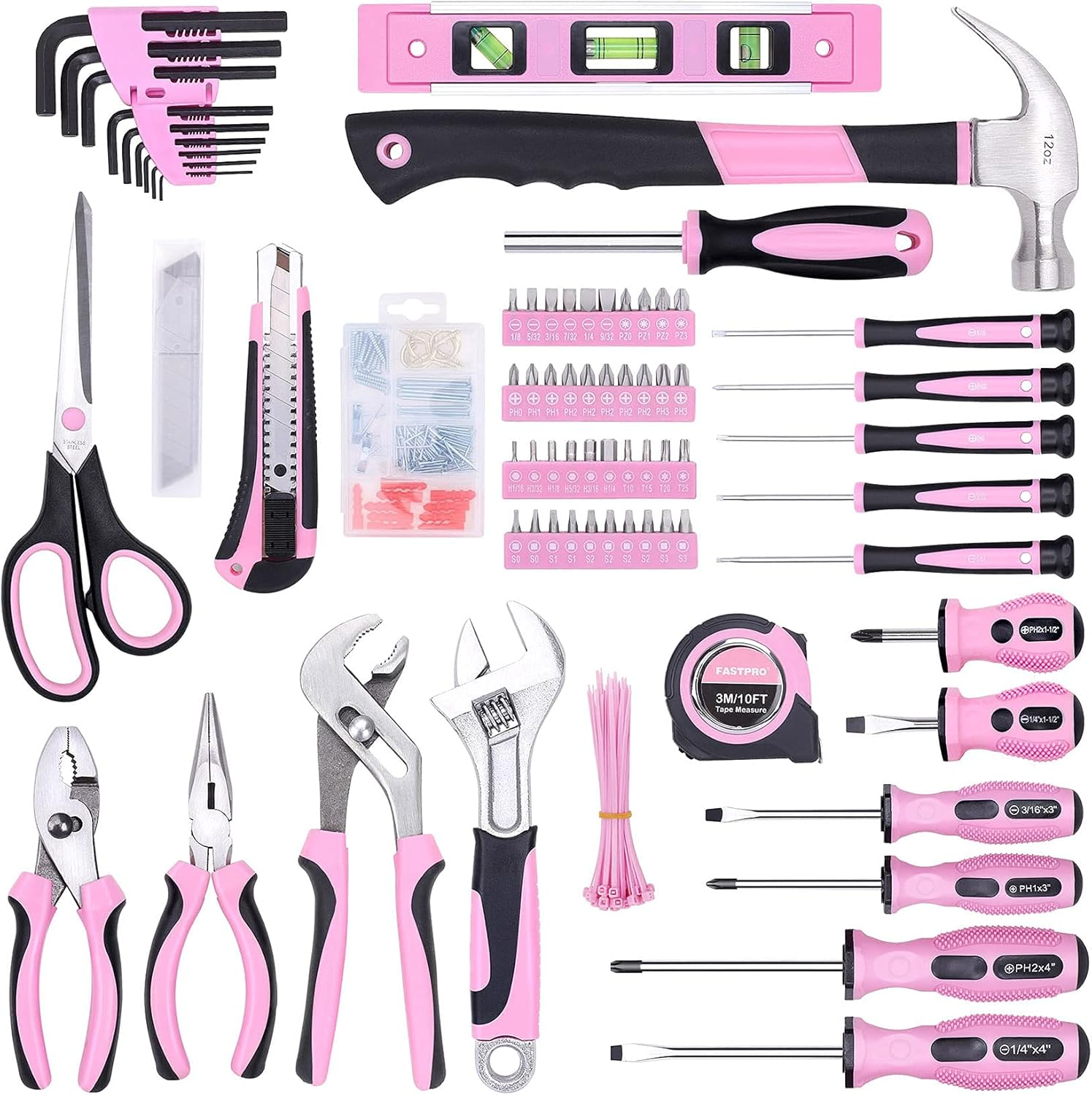 FASTPRO Pink Tool Set, 220-Piece Lady'S Home Repairing Tool Kit with 12-Inch Wide Mouth Open Storage Tool Bag