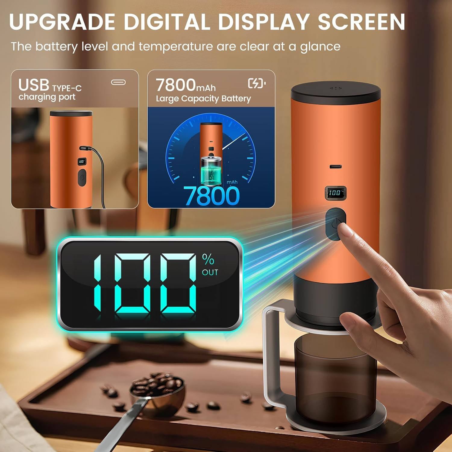 Portable Espresso Machine,Usb Rechargeable Cordless Travel Coffee Maker,20Bar Self Heating Espresso Coffee Machine,Compatible with NS Capsules & Ground Coffee for Camping, Hiking, Office (Orange) - Gray image number 2