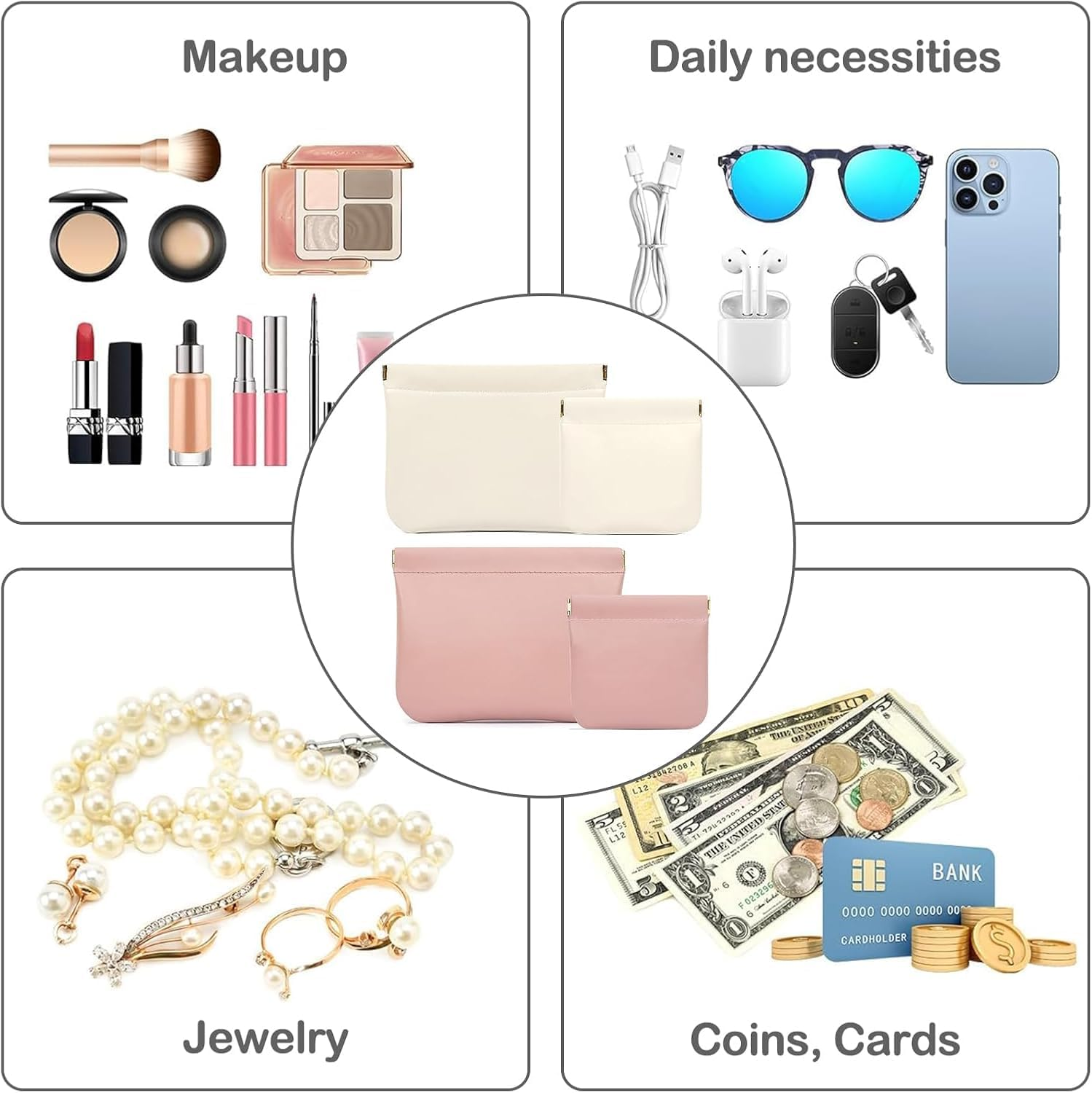 4Pcs Purse Pouches, Small Makeup Bag for Purse Mini Pocket Cosmetic Bags for Women Snap Closure Organizer Pouch for Lipstick Cosmetics Headphones Jewelry