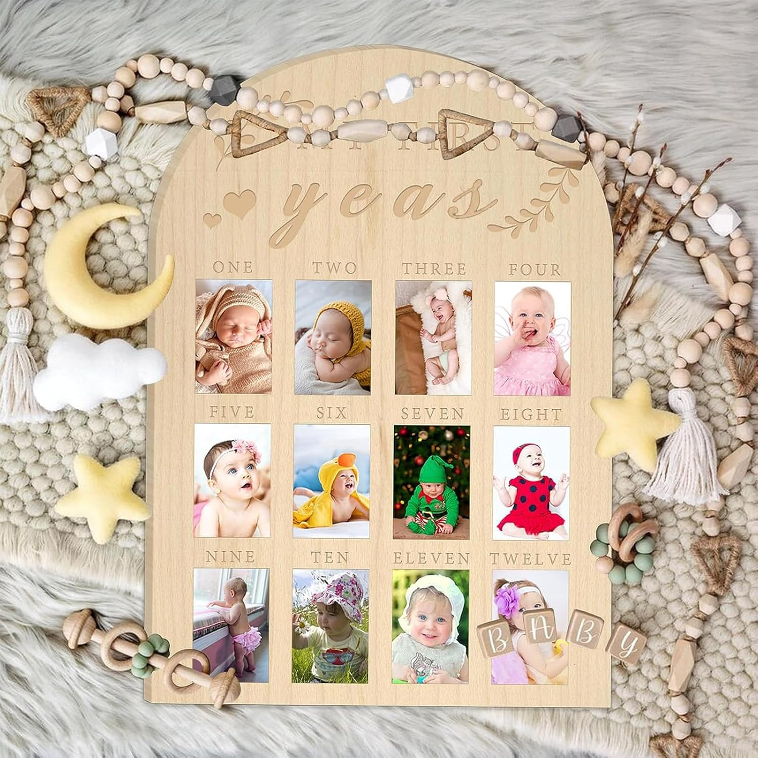 Toddler First Year Photo Display,Memory Frame Photo Display Toddler Keepsake Book - Wood Board Toddler First Year Photo Frame Milestone Board for Toddler Shower or Birthday Party image number 2