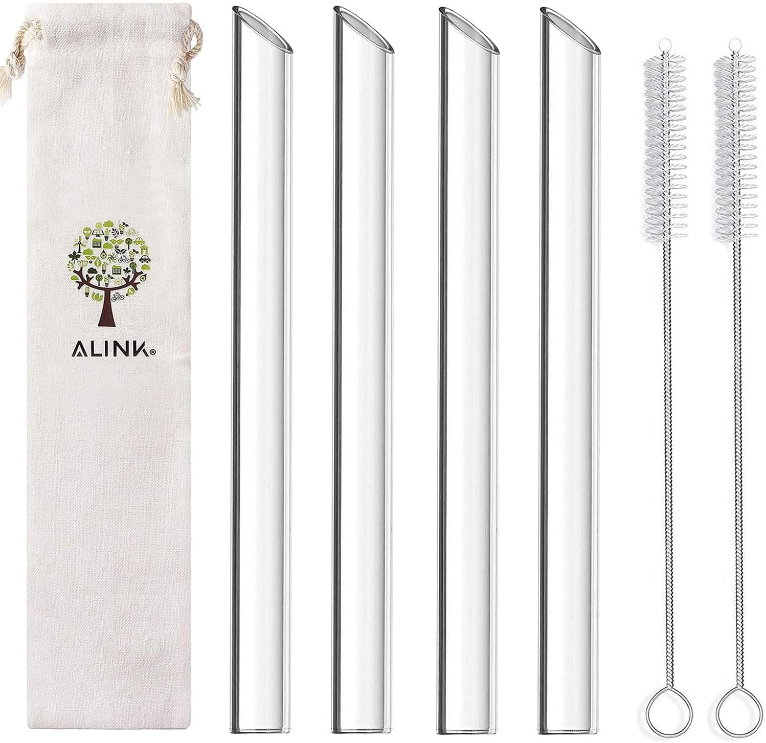 ALINK Glass Boba Straws, 14Mm Extra Wide Clear Straws for Smoothies, Bubble Tea, Pack of 4 with Carrying Case and 2 Cleaning Brush image number 1