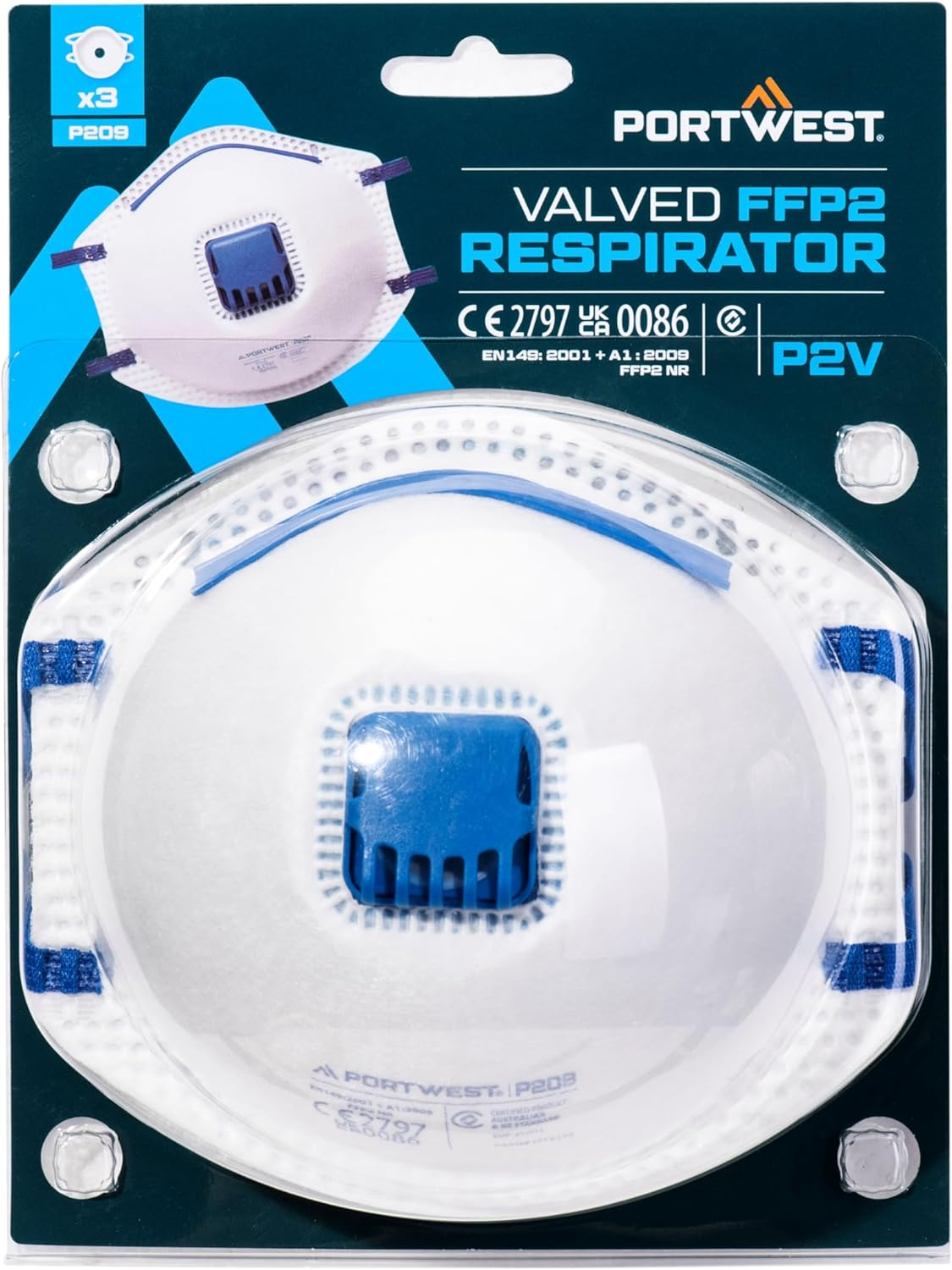 Portwest P209 Disposable FFP2 Exhalation Valve Respirator Face Mask (Pack of 3) White