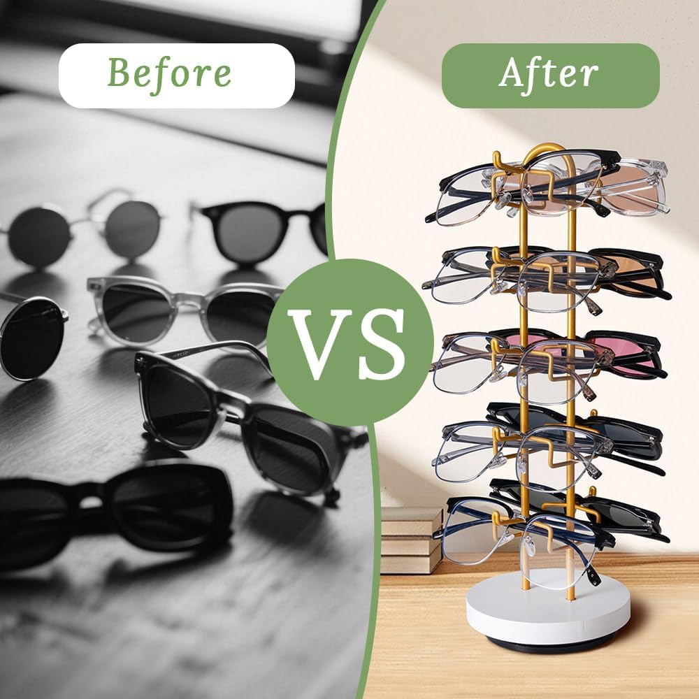 Metal Five-Layer Sunglass Storage Box with Rotating Base Display Stand for Organizing Decorations, Jewelry, Glasses, Necklaces, Desktop Storage Rack for Bathroom, Bedroom, Dressing Table (Gold)