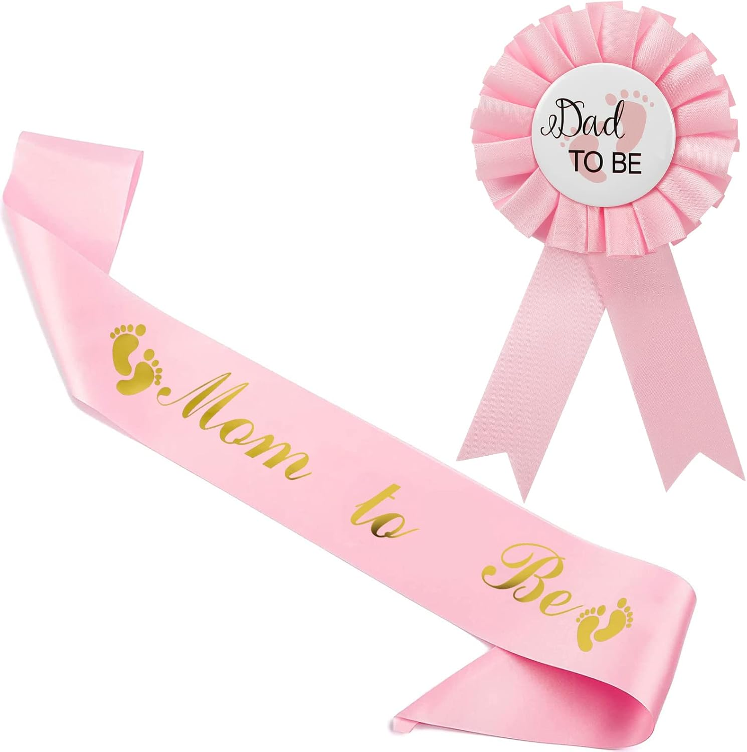 2 Packs Baby Shower Decorations Pink Mom Sash and Dad Tinplate Badge Baby Welcome Party Gifts