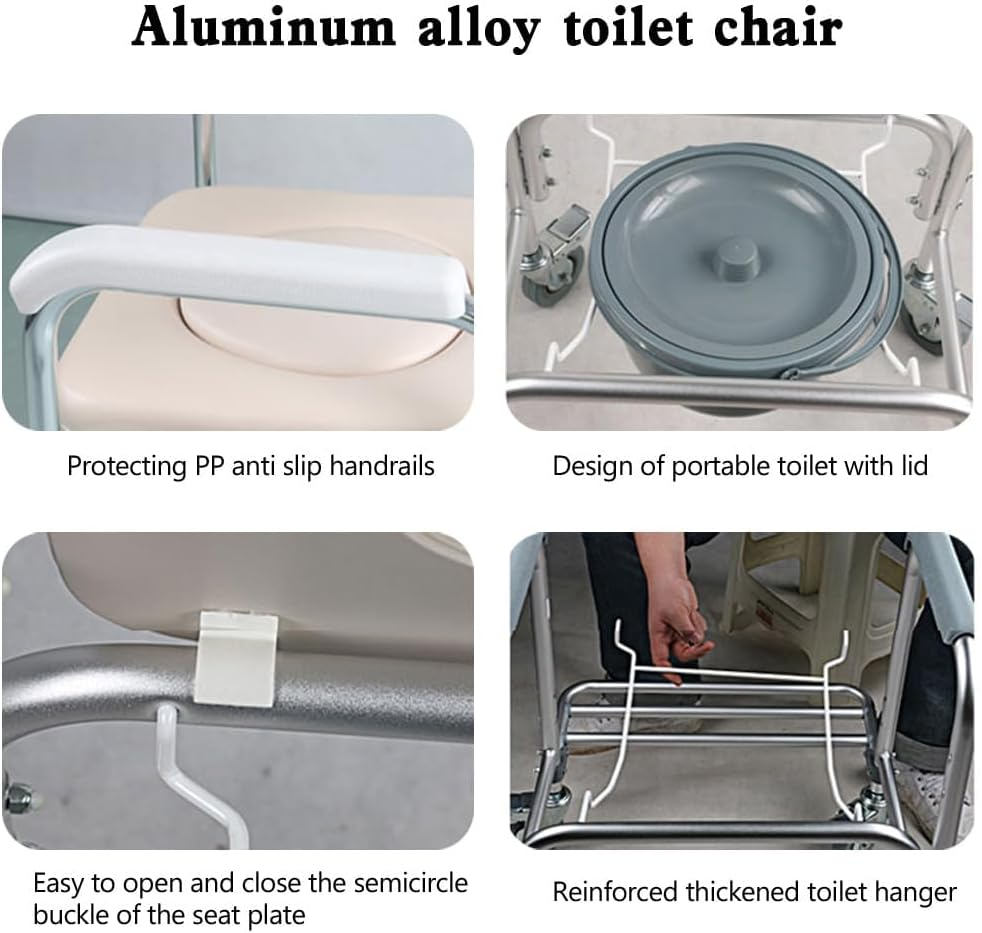 Toilet Seat with Wheels and Cushion; Folding Aluminum Shower Chair for Elderly, Disabled and Pregnant People, Load Capacity 150 Kg
