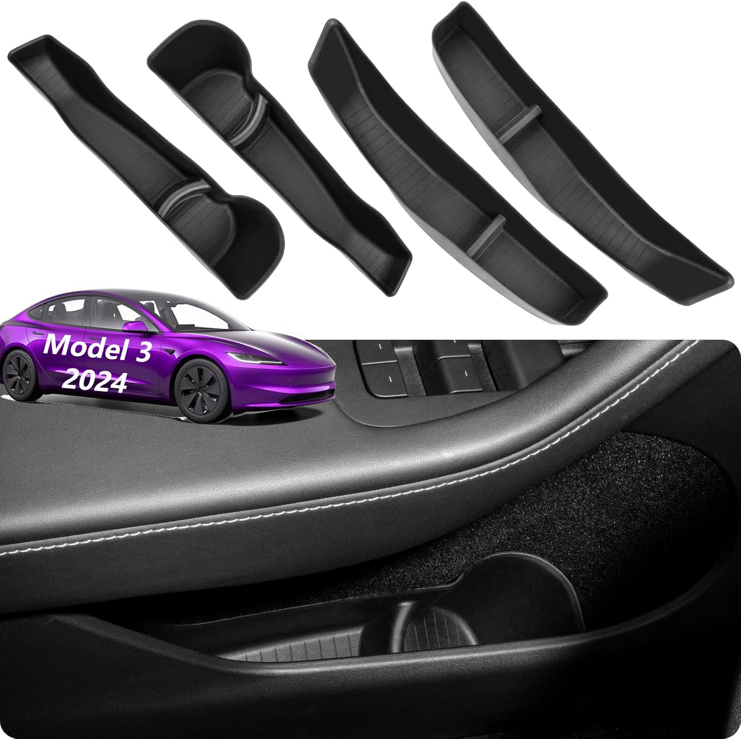 VINBY for Model 3 Highland Front Rear Door Side Storage Box(4Pcs), Upgrade Organizer, Door Handle Storage Box Protector image number 4