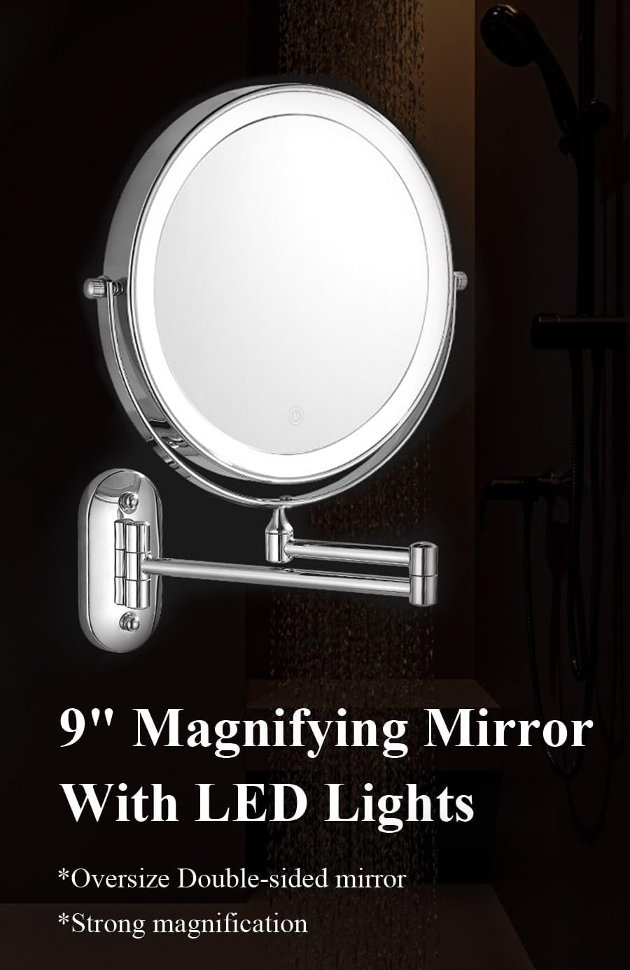 9" Magnifying Mirror with LED Lights Bathroom Large Illuminated Wall Mounted Vanity Mirror for Makeup Shaving (With LED Lights,Bright Luxury Gold 7X Magnification) image number 4