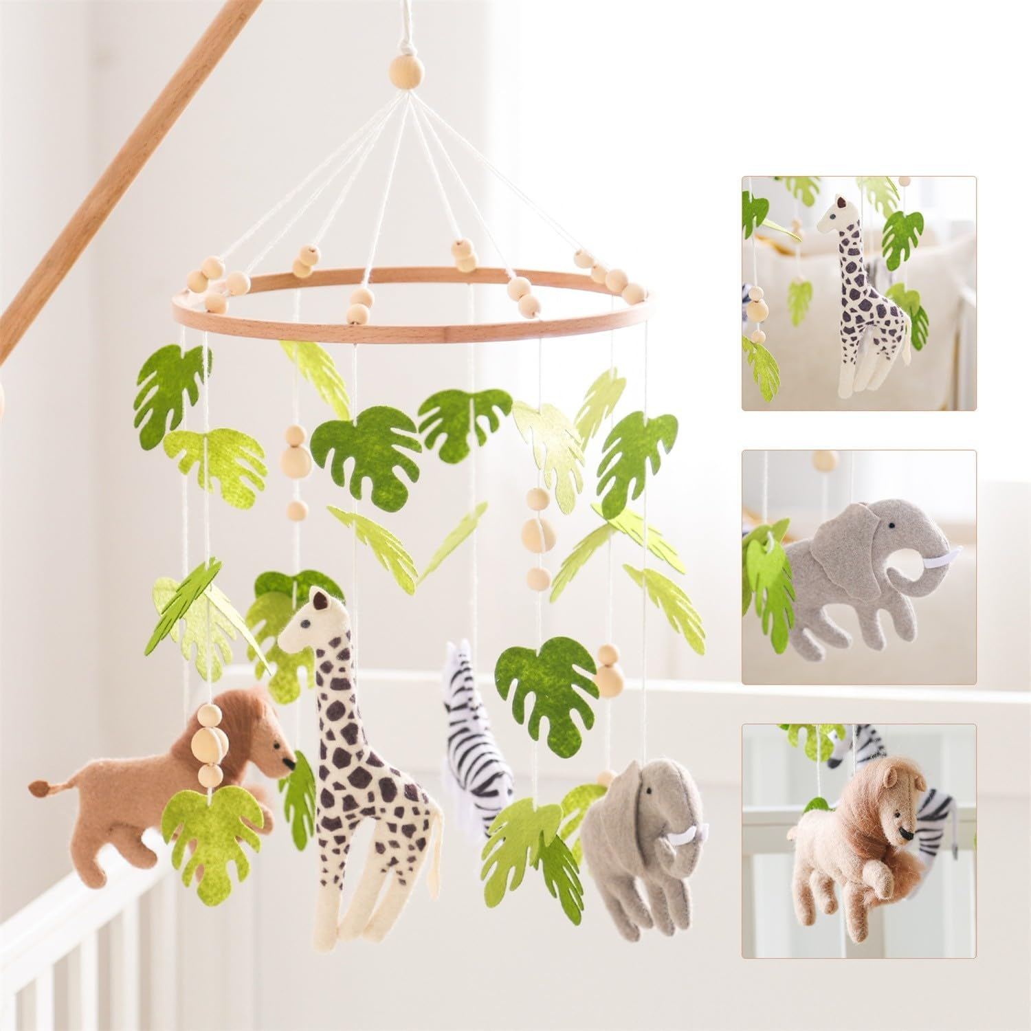Herfair Baby Bed Mobile Baby Wind Chime Forest Animals, Green Leaves Lion Wood Mobile Baby Nursery Hanging Bed Bell, Baby Bed Pendant Game Mobile Bed Decor (Green Leaves - Lion) image number 4
