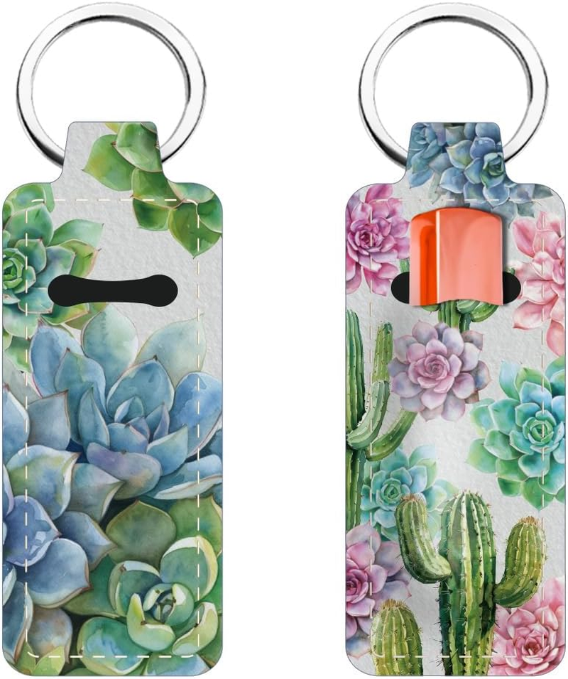 FREEBLOSS 2 Pack Lip Balm Holder Keychain Succulent Plants Pattern Chapstick Holders Lip Gloss Holder Keychain Lipstick Sleeve Keychain Chapstick Sleeve Holder for Women Friends Gift, Dark Blue image number 4
