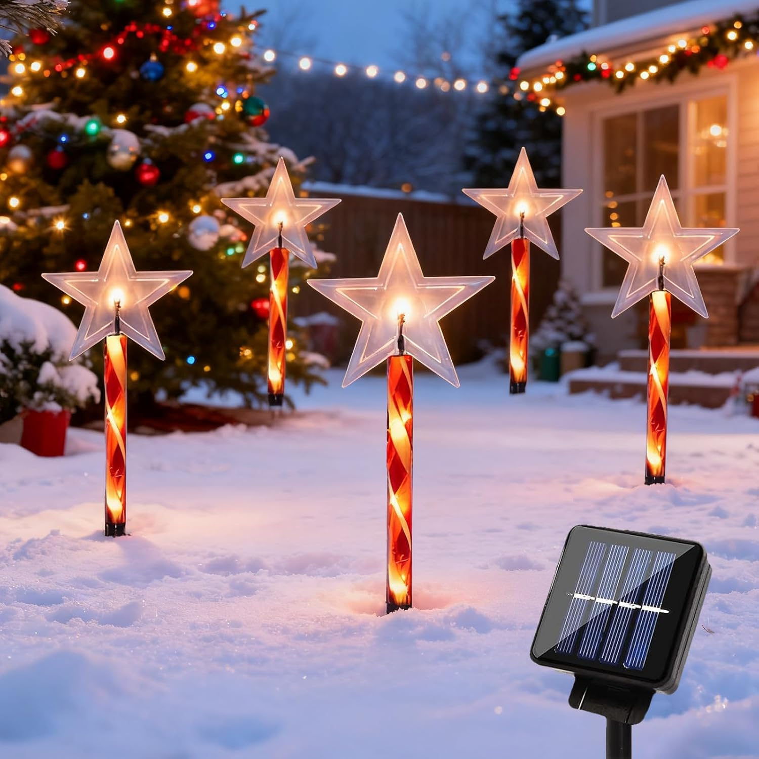 Quintrost Solar Christmas Lighting Star for Outdoors, Pack of 5 Christmas Stars Garden Lights, IP65 Waterproof Solar Lights, Christmas Decoration for Garden, Patio, Walkway, Yard, Lawn, Warm White image number 5