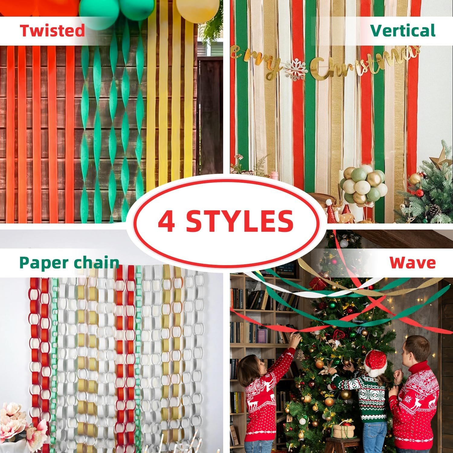 Crepe Paper Streamers 8 Rolls 656Ft, Pack of Green, Red, Gold, White Party Streamers for Christmas Decorations, Streamers Party Decorations, Holiday Decorations Indoor (1.8 Inch X 82 Ft/Roll) - Christmas image number 6