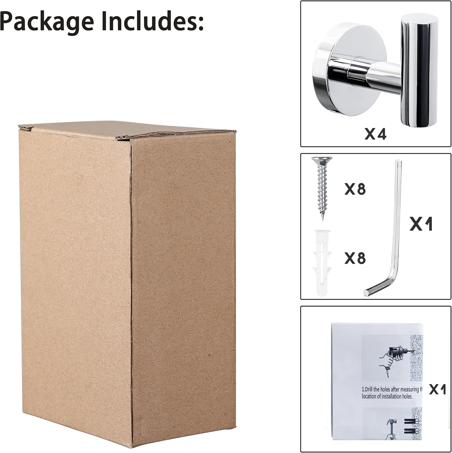 4 Pack Bath Towel Hooks, Wall Mount Towel Holder Chrome Finish Towel Rack, Heavy Duty Robe Coat Loofah Hooks for Shower, Kitchen,Hotel, Pool Tile, Brick Modern Style Decor Wall Hooks image number 2