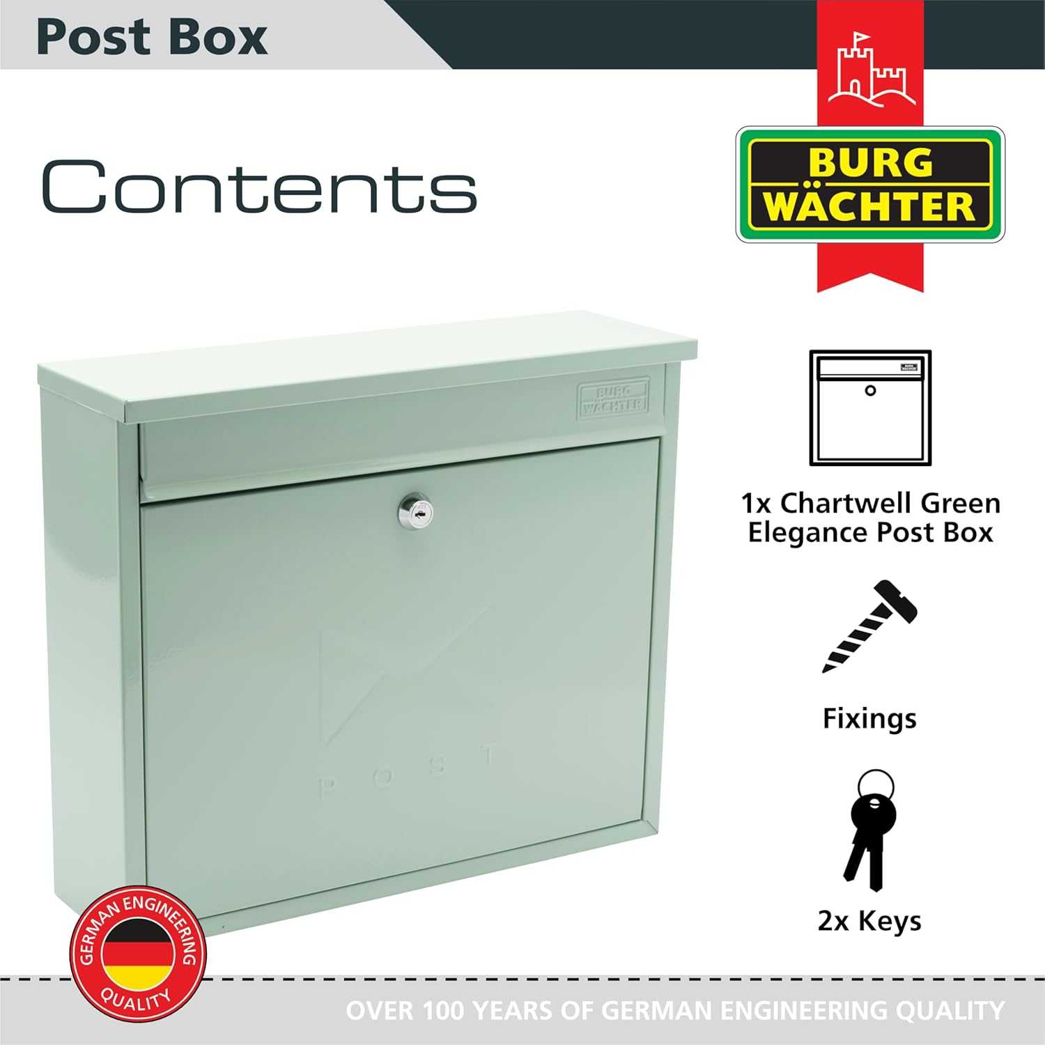 Burg-Wachter MB02CG Chartwell Green Elegance Wall Mounted Galvanised Steel Lockable Weatherproof Post Box - 36X31X10Cm image number 6