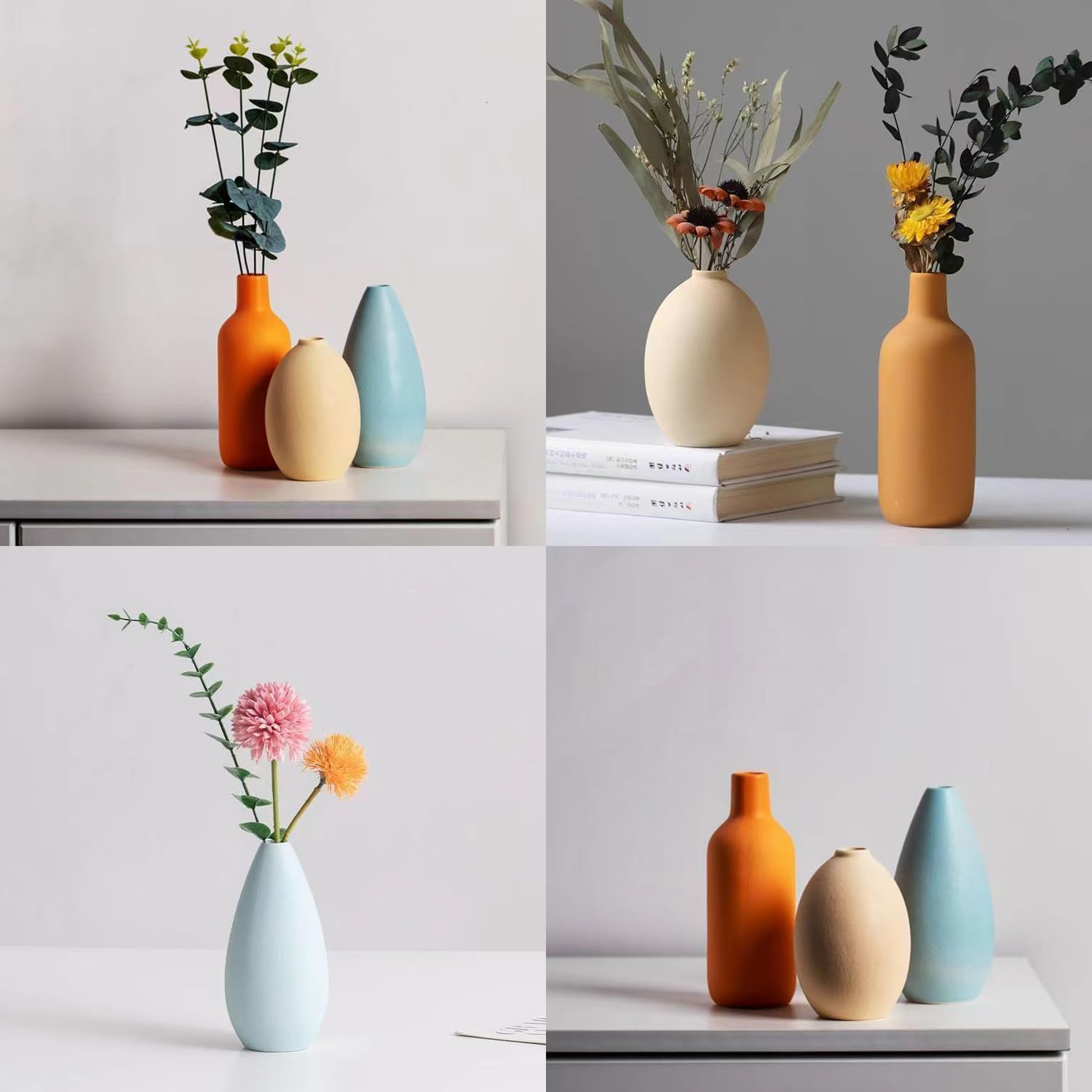 Fohouse Ceramic Vases for Home Decor, Small Flower Vase Set of 3 for Pampas Grass, Home, Living Room, Dining Table, Farmhouse, Office Decor, Bedroom, Table, and Kitchen Shelf, Colourful image number 3