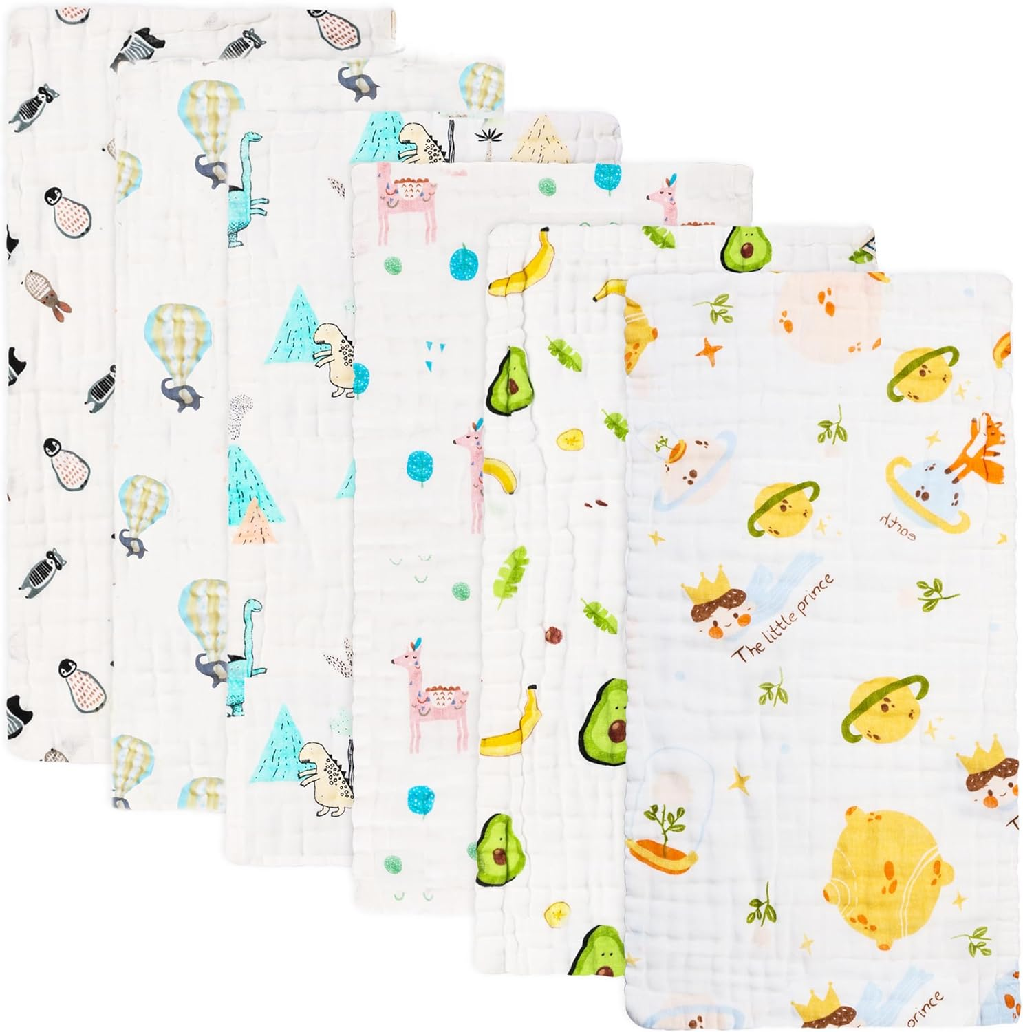 Fook Fish Muslin Burp Cloths Cotton Burping Cloth 20'' X 10'' Pack of 6 for Baby Spit up Cloths for Newborn,Absorbent,Soft,Large,6 Layers,Baby Burp Rags,Unisex,For Boys and Girls