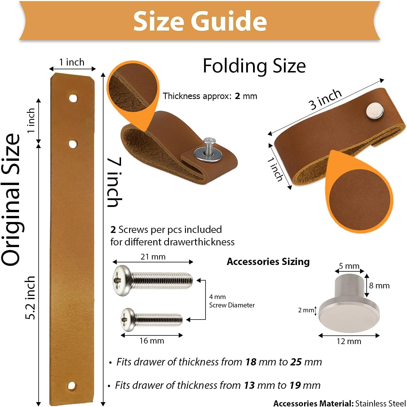 Lazakay Leather Drawer Pulls - 8 Pcs Leather Dresser Knobs, Handmade Pure Leather Handles for Cabinet, Doors and Drawers (Brown) - Gold image number 3