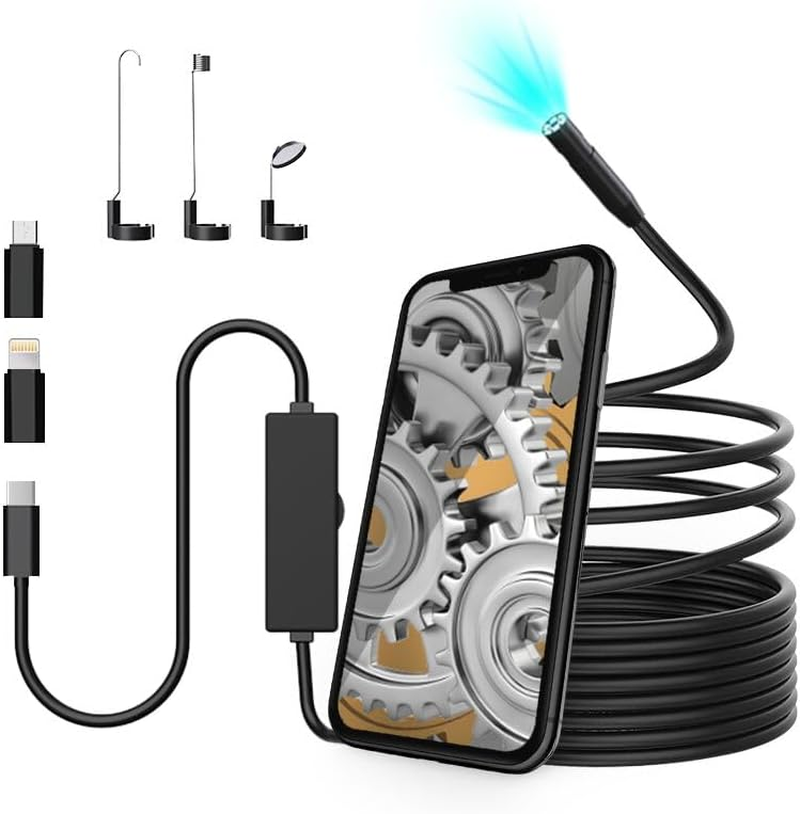 Endoscope Camera with Light, 5M Semi-Rigid Cable Endoscope with Snake-Style, 8Mm 1920P HD Inspection Camera with IP67 Waterproof Rating and 8 Adjustable Leds, Inspection for Ios and Android