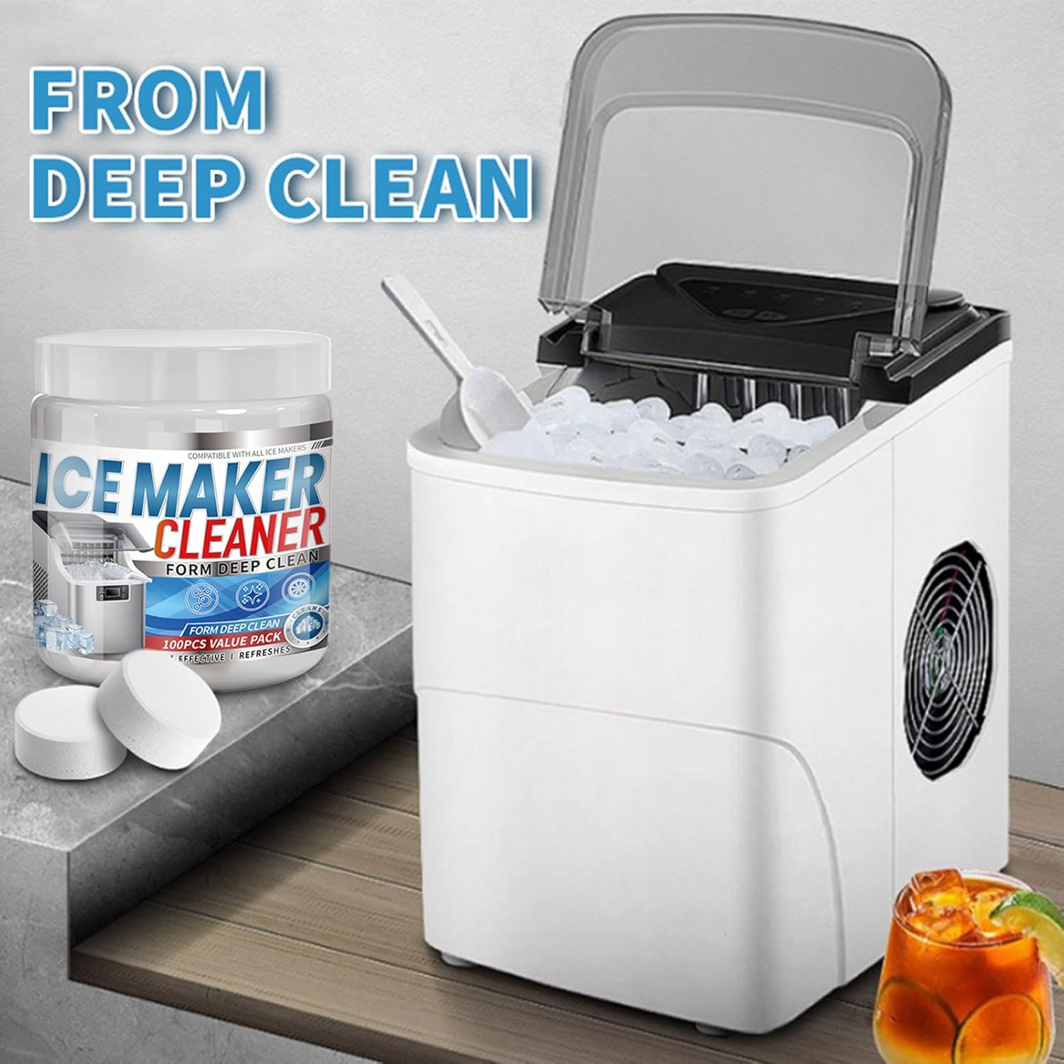 Active Ice Machine Cleaner Tablets,100-Piece Active Scale Remover,Countertop Ice Maker Descaler Tablets | for Kitchen Appliance Coffee Maker Cooler Refrigerator Restoration