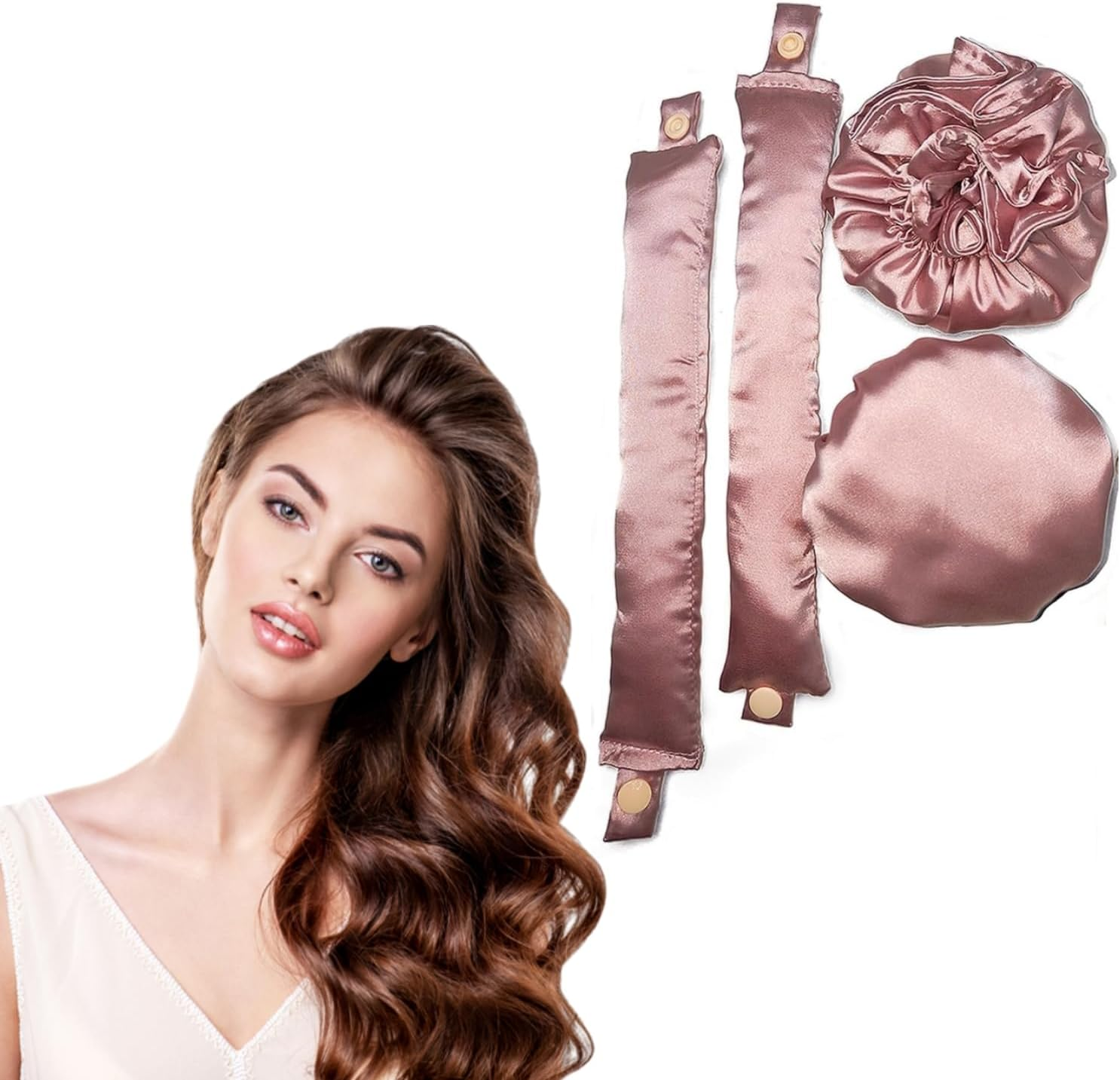 Satin Heatless Hair Curler 2Sets/4Pcs, Pillow Rollers with Hair Caps, Soft Heatless Curling Rod Headband for All Hair Types, Soft Rollers Hair Curlers to Sleep In image number 1