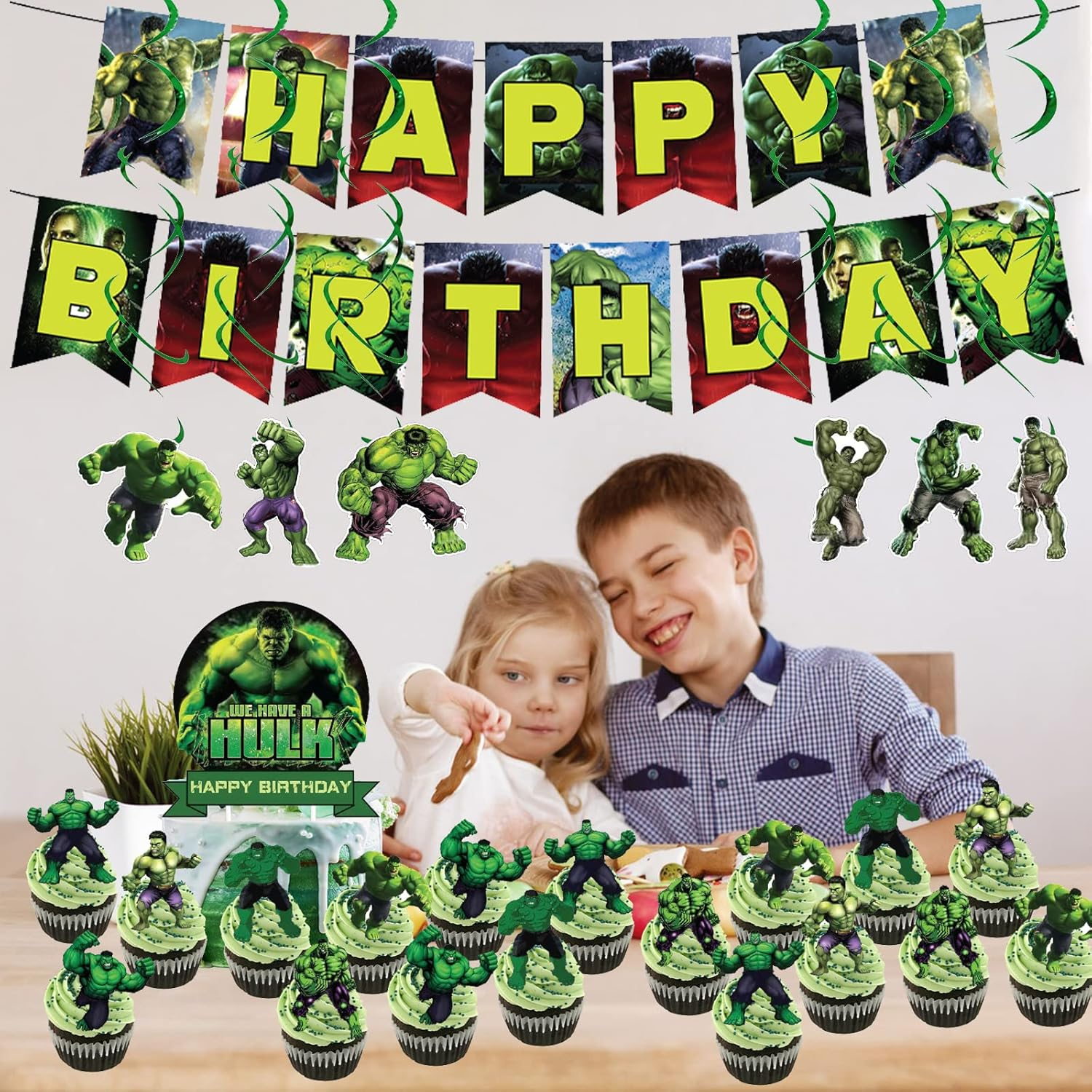 FAMILIO 46 Pcs Hulk Cartoon Party Decoration -Cartoon Character Party Supplies Cartoon Theme Birthday Party Decorations for Kids Adults with Cake Topper for Boys Girls Party image number 3