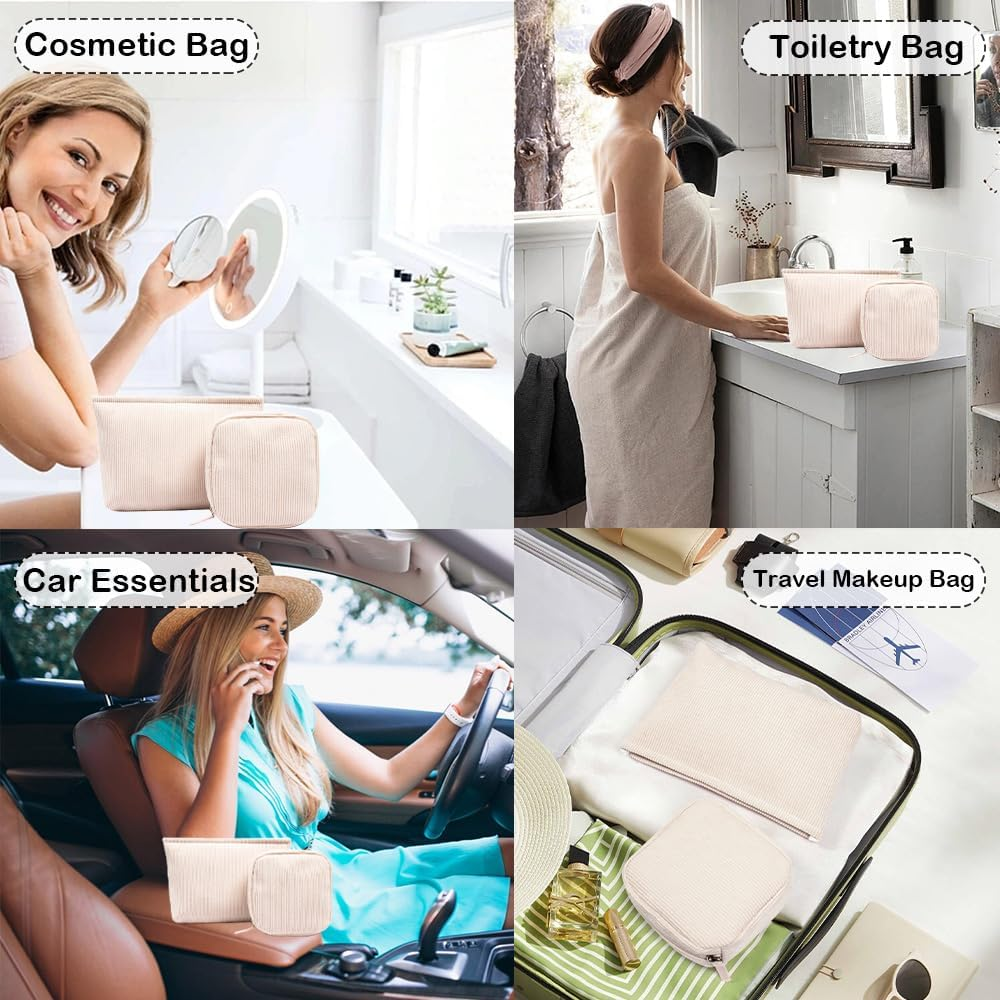 Small Makeup Bag for Women, Mini Makeup Pouch for Purse Large Corduroy Travel Cosmetic Bag Cute Toiletry Bag Travel Accessories Preppy Makeup Brushes Aesthetic Accessories Storage Bag - Large+Mini Pink image number 2