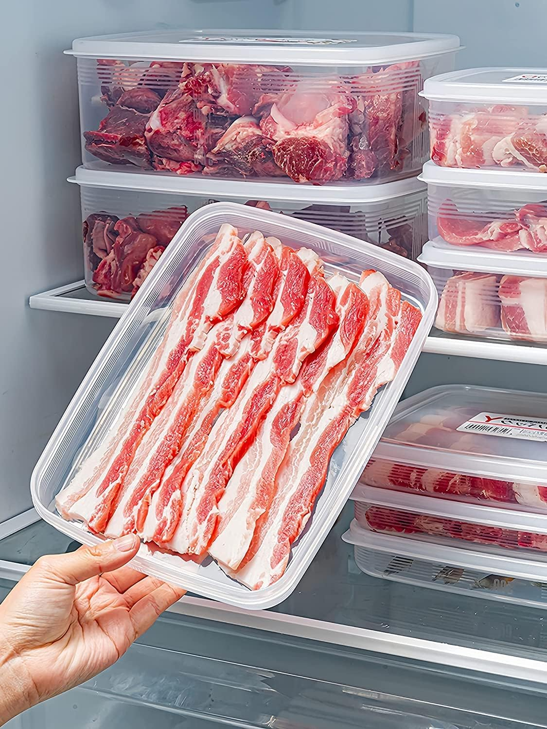 2 Pack Plastic Bacon Box, Deli Meat Saver Cold Cuts Fridge Keeper, Cheese Food Storage Container with Lid for Refrigerator, Shallow Low Profile Christmas Cookie Holder image number 2