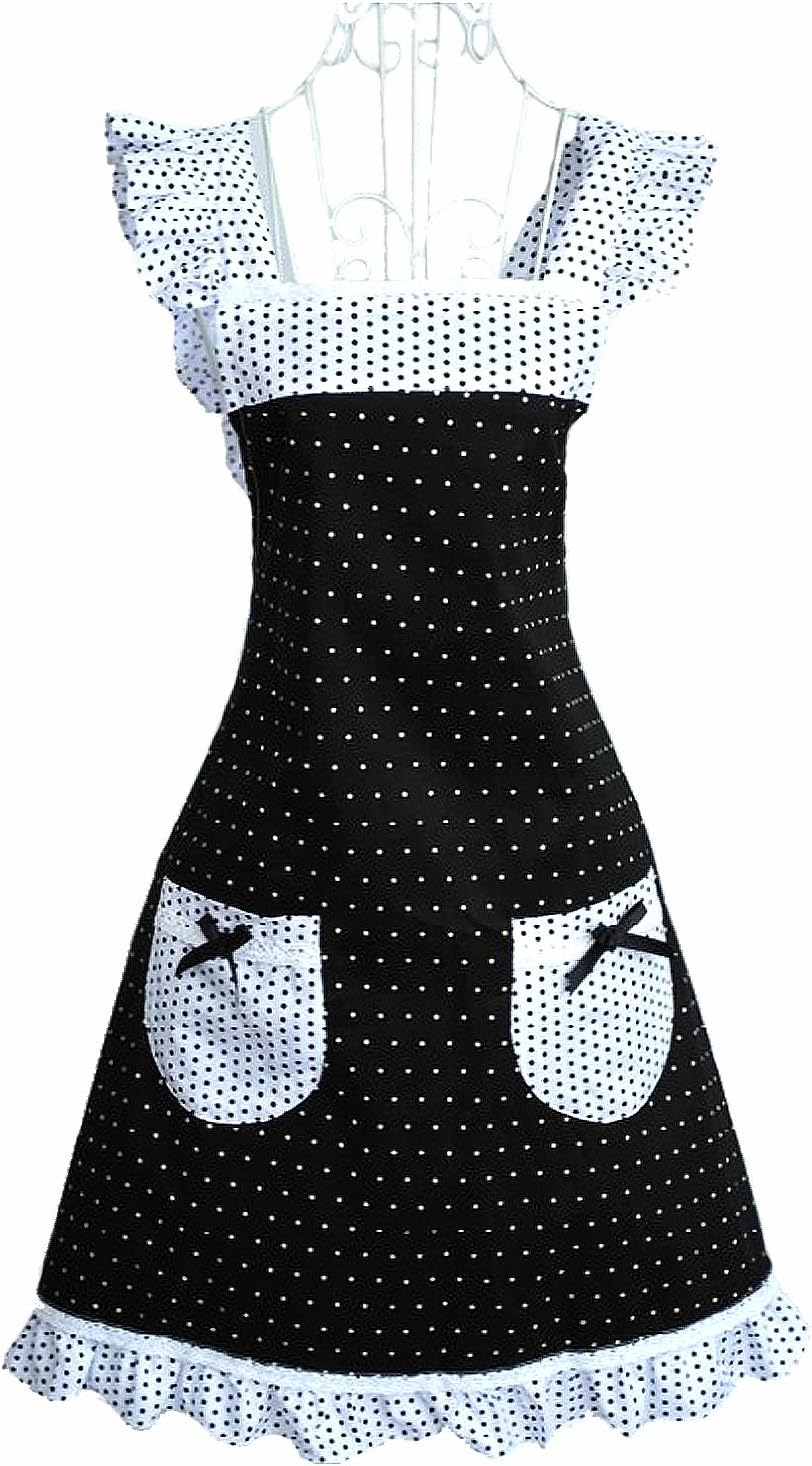 Hyzrz Princess Ladies Cotton Frill Lace White Polka Dot Apron Cross Back Style
