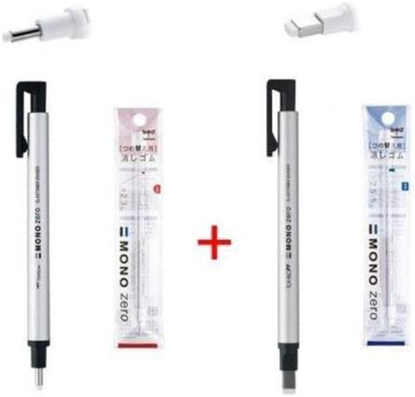 Tombow MONO Zero Pen-Style Eraser Refill round Tip + Square Tip + 4 Refills (Silver Barrel)
