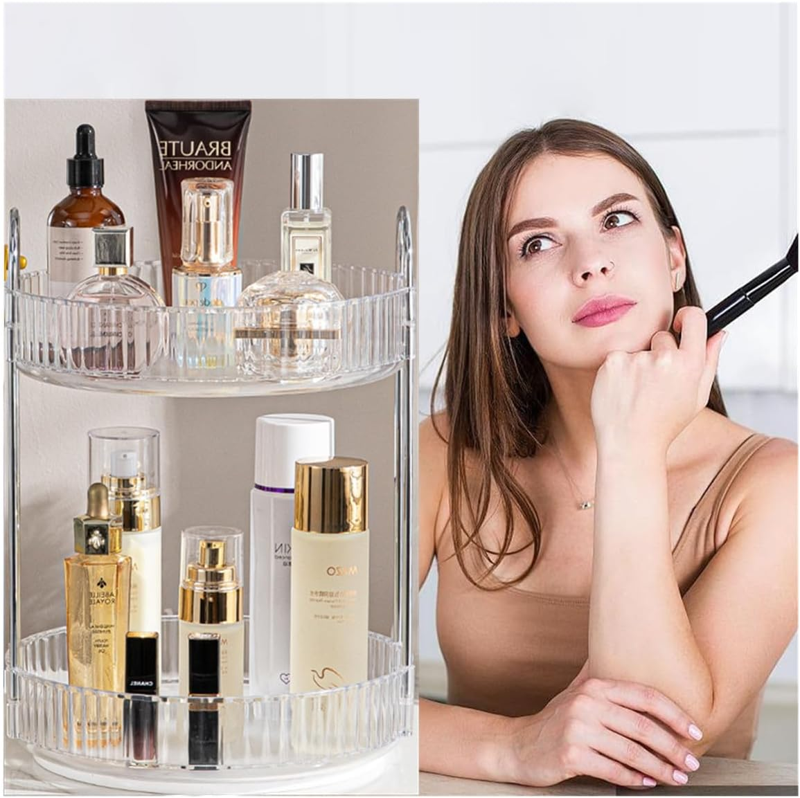 360&deg;Rotating Bathroom Counter Organizer 2 Tier Cosmetic Storage Box Perfume Organizer Fits Cosmetic Vintage Storage for Bathroom Dresser Perfume, Lipsticks, Makeup Brushes, Clear