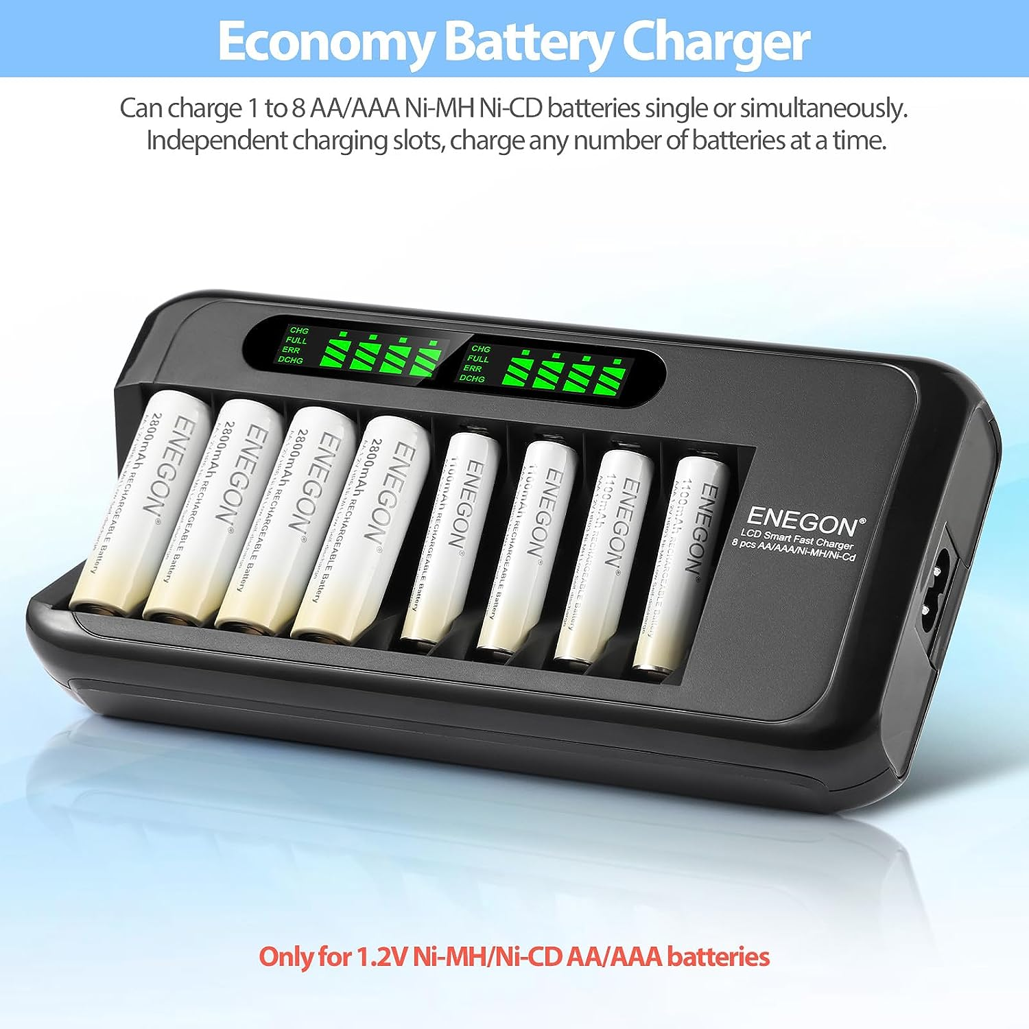 ENEGON AA AAA Battery Charger, Fast Charger with AC Adapter and Intelligent LCD Display, Independent 8 Bay Charger for Ni-Mh Ni-Cd Rechargeable Batteries, Auto Cut-Off When Battery Is Full Charged image number 4