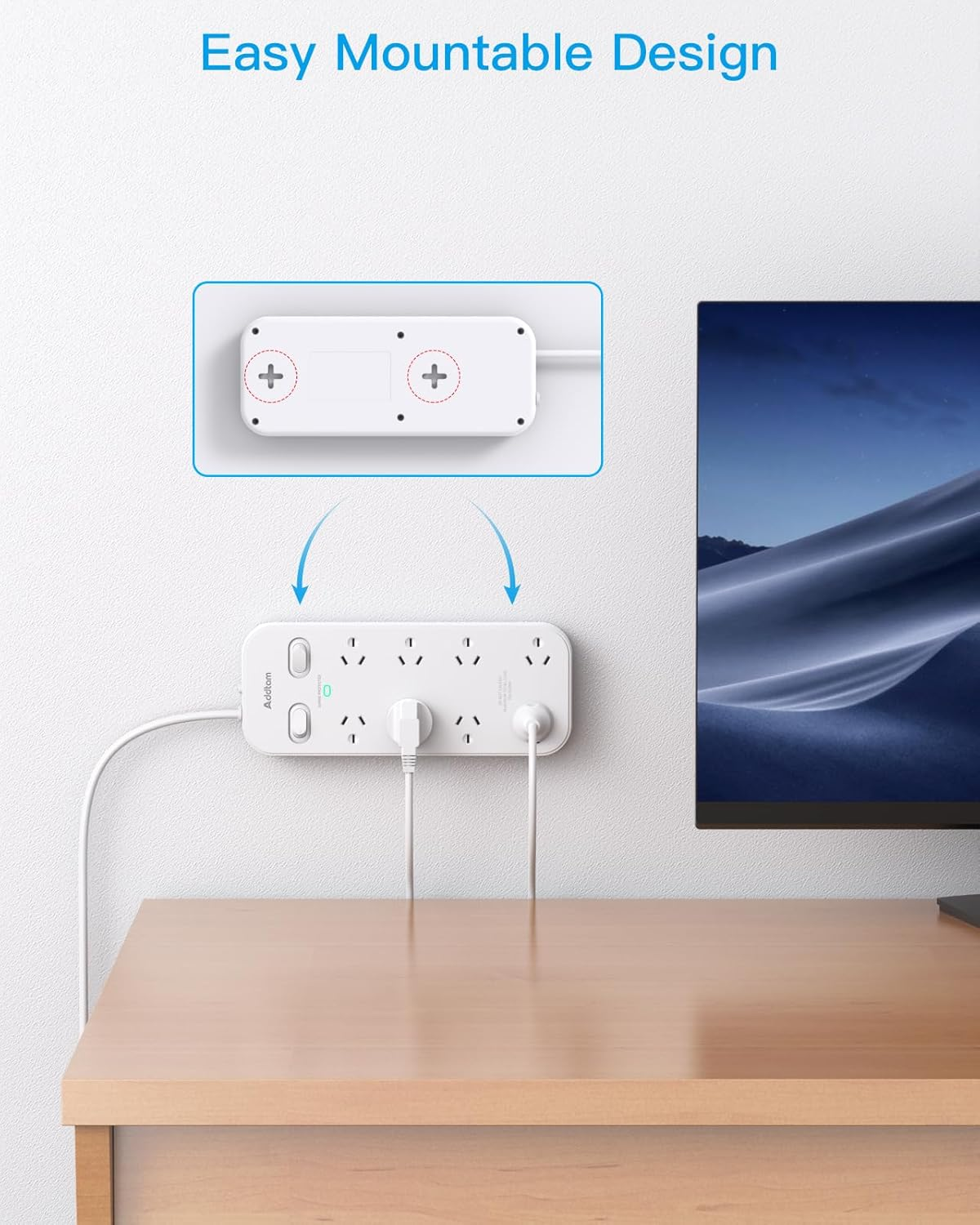 Power Board Surge Protected- 8 Widely Outlets(10A/2400W) Powerboard with 1M Extension Cord, 900J Surge Protection Double Switch, Wall Mountable for Home Office Accessories image number 3