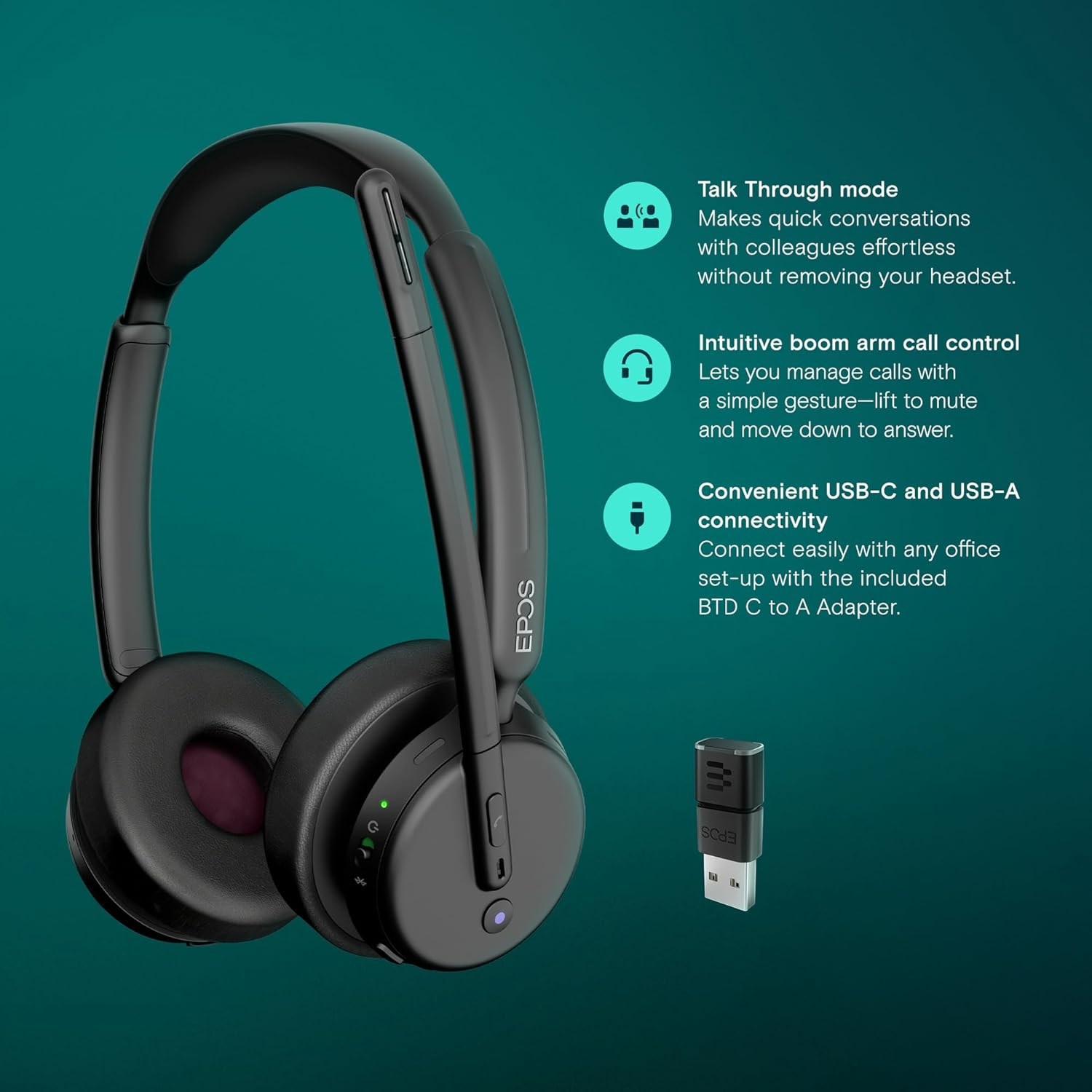EPOS Impact 500 ANC Wireless Headset &ndash; Teams Certified with USB-C & USB-A Connectivity &ndash; Advanced Bluetooth Audio for Smarter, Distraction-Free Work image number 4