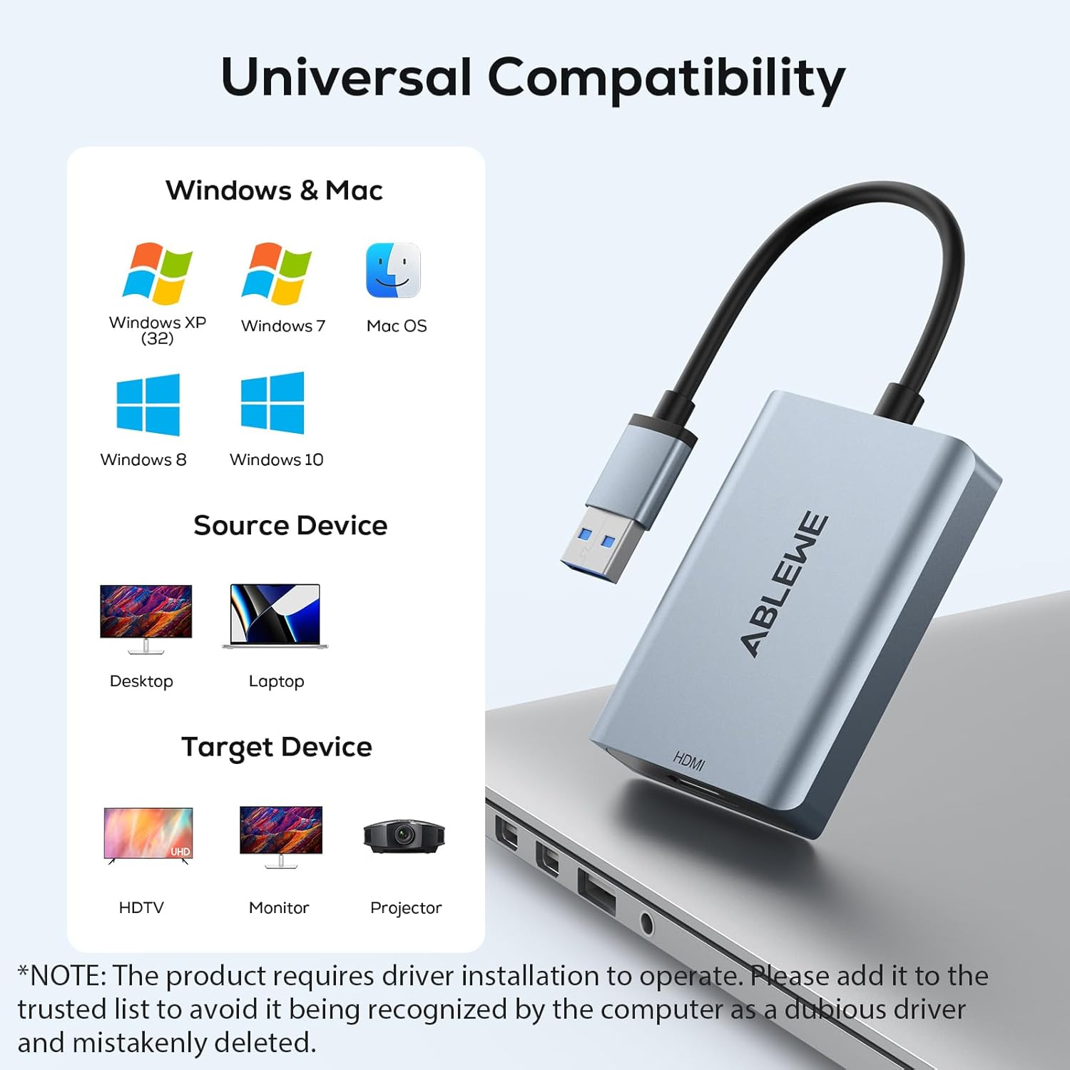 ABLEWE USB to HDMI Adapter, Upgraded Aluminum HDMI to USB 3.0 & 2.0 Audio Video Graphics Converter Cable for PC Laptop Monitor Projector Desktop Tv,Support Mac Os,Windows 10/8.1/8/7