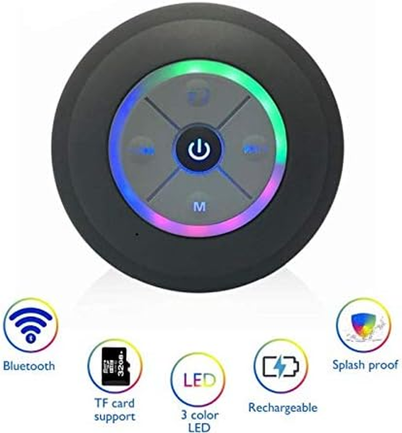 JUSTOP Rainbow LED Bluetooth Shower Speaker with FM Radio, IP67 Portable Fully Waterproof, Hands-Free Speakerphone. Rechargeable Using Micro USB, Perfect Speaker for Golf, Beach, Shower & Home (Black)