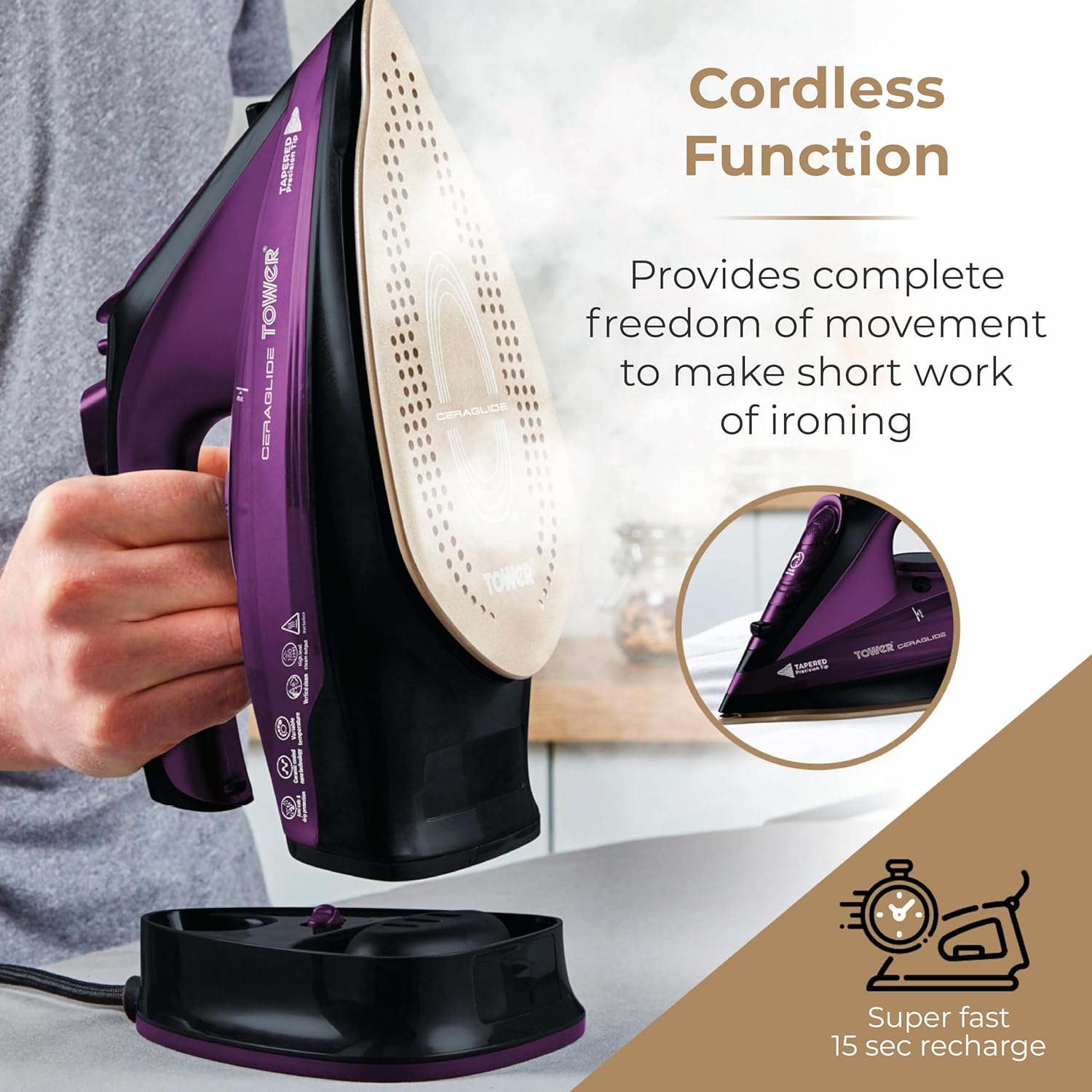 Tower T22008 Ceraglide 2-In-1 Cord or Cordless Steam Iron with Non-Stick Ceramic Soleplate, 160G Steam Boost, anti Drip, anti Scale, anti Calc and Self Cleaning Functions, 2400 W, Purple - Black, Purple image number 3