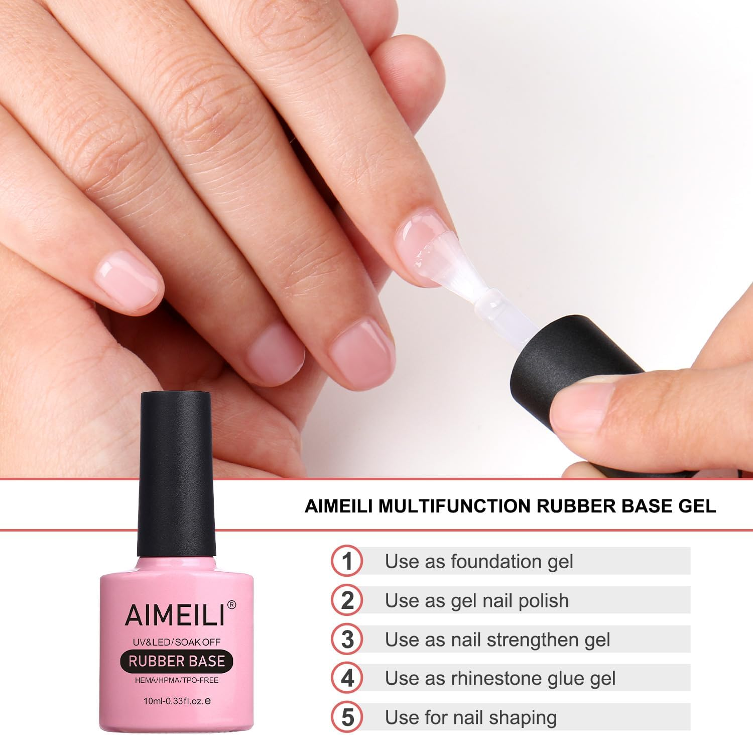 AIMEILI Rubber Base and No Wipe Top Coat Kit Set 10Ml Hema Free Gel Nail Polish Soak off U V LED 2 Bottles Kit image number 5