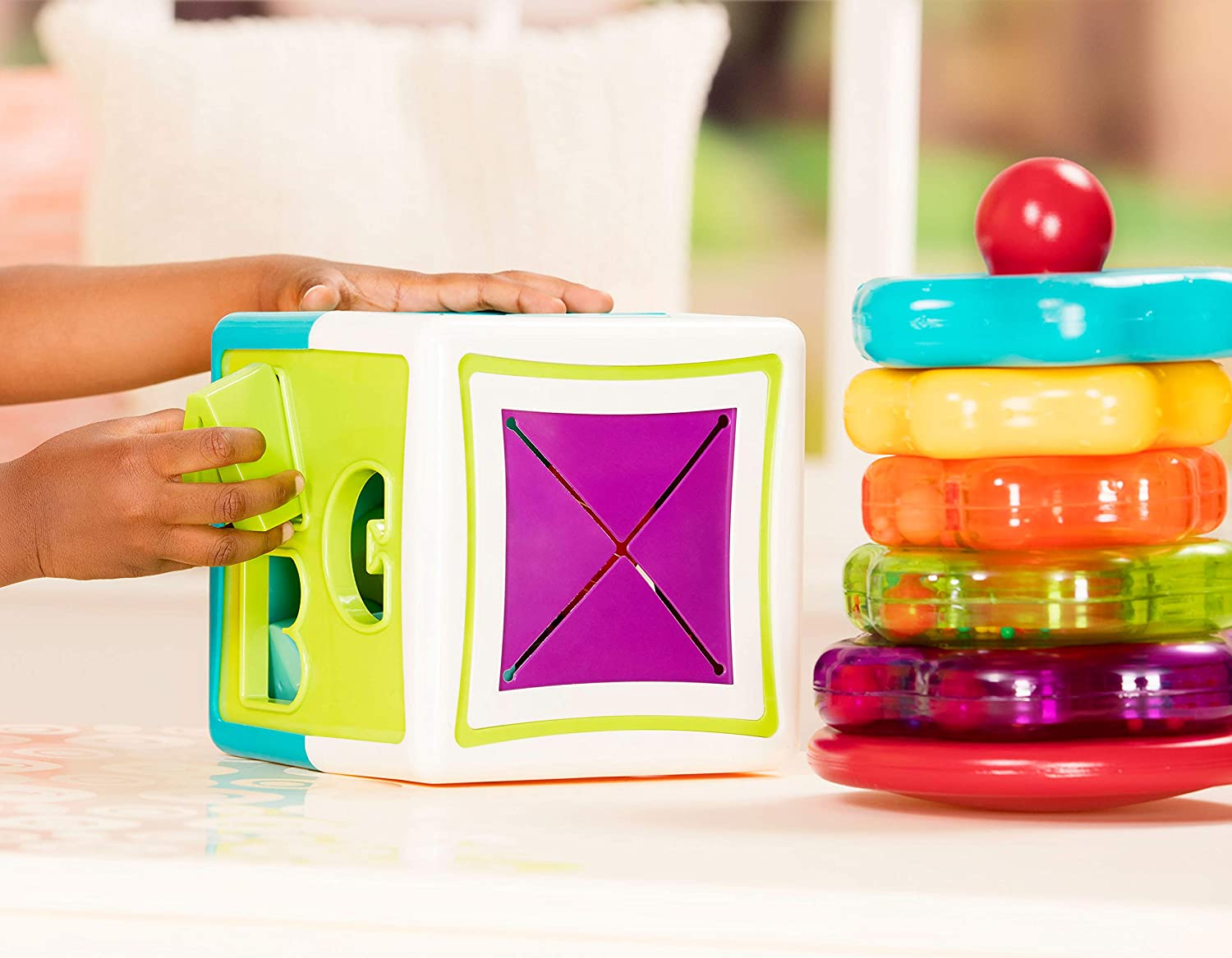 Battat &ndash; Sort & Stack Combo &ndash; 17 Pieces Sensory Sorting Set &ndash; Activity Cube with Bead Maze &ndash; Educational & Dexterity Toys &ndash; 2+ Years &ndash; Shape Sorter Cube + Stacking Rings image number 5