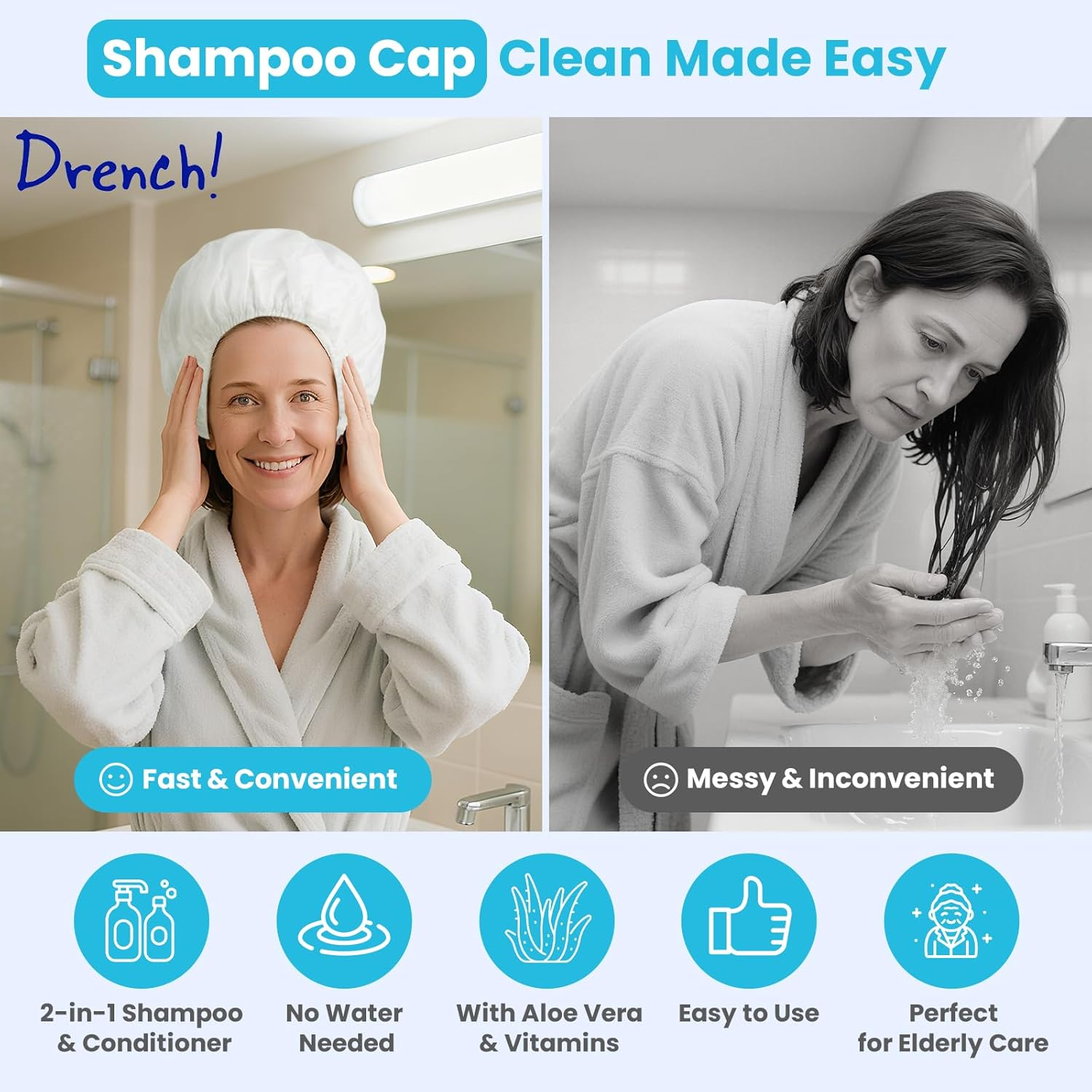 No Rinse Shampoo Caps (5 Pack) | Luxury Haircare with No Drips, Mess or Residue. No Water Needed, Just Massage the Cap and Towel Dry! (By Drench! Medical) image number 4