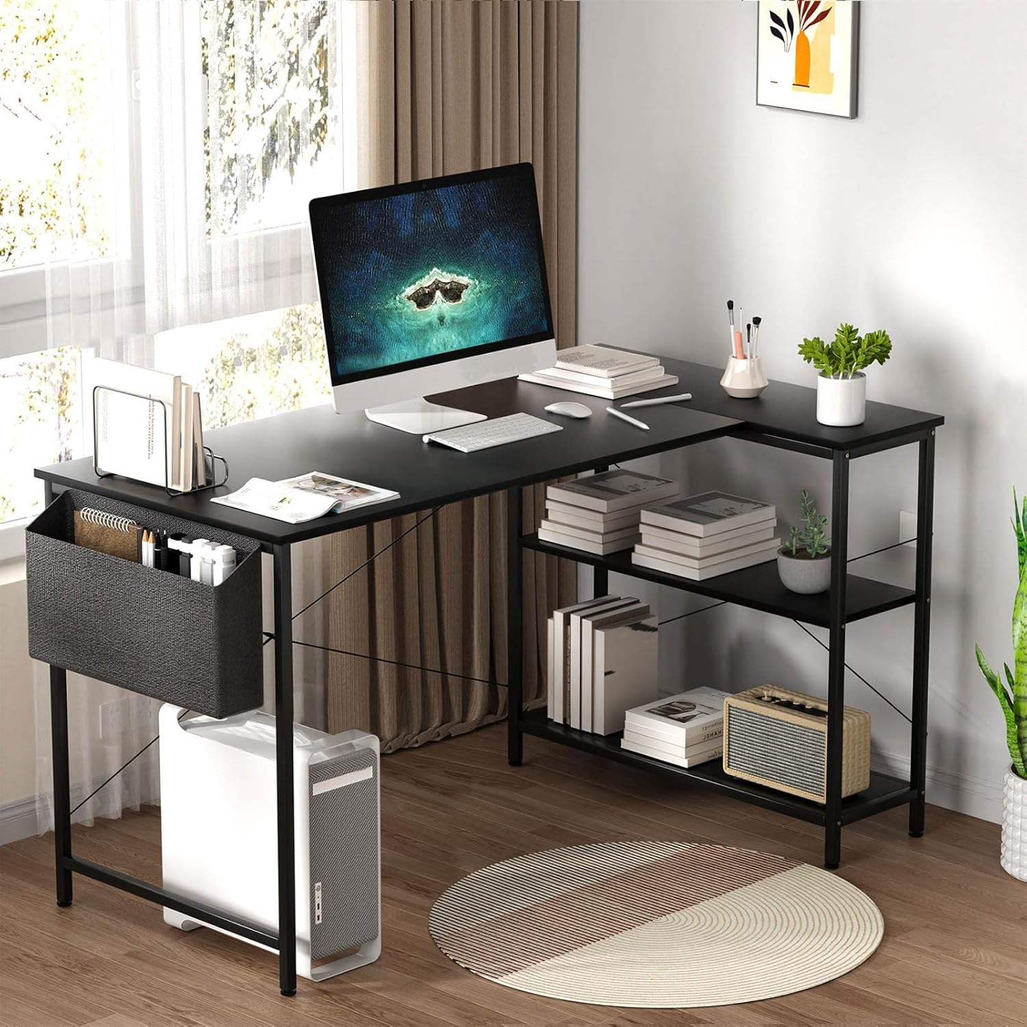 Levede Corner Desk with Storage Shelves, Industrial L-Shaped Gaming Computer Desk with Side Bags for Small Space, Modern Simple Writing Table for Home Office Desk(100Cm X 80Cm X 75Cm, Brown)