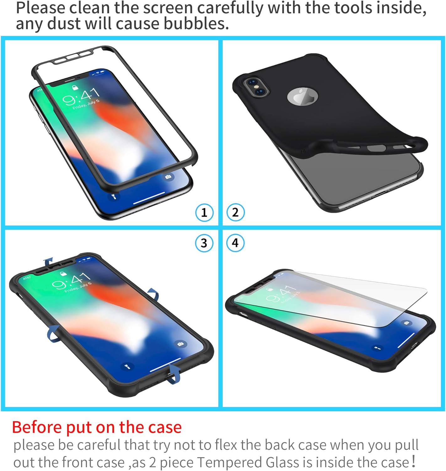 ORETECH Compatible with Iphone X Case Iphone Xs Case with [2 X Tempered Glass Screen Protector] 360&deg;Full Body Shockproof Case Ultra Thin Hard PC Silicone Case Cover for Iphone X/XS 5.8'' - Black - Blue image number 2